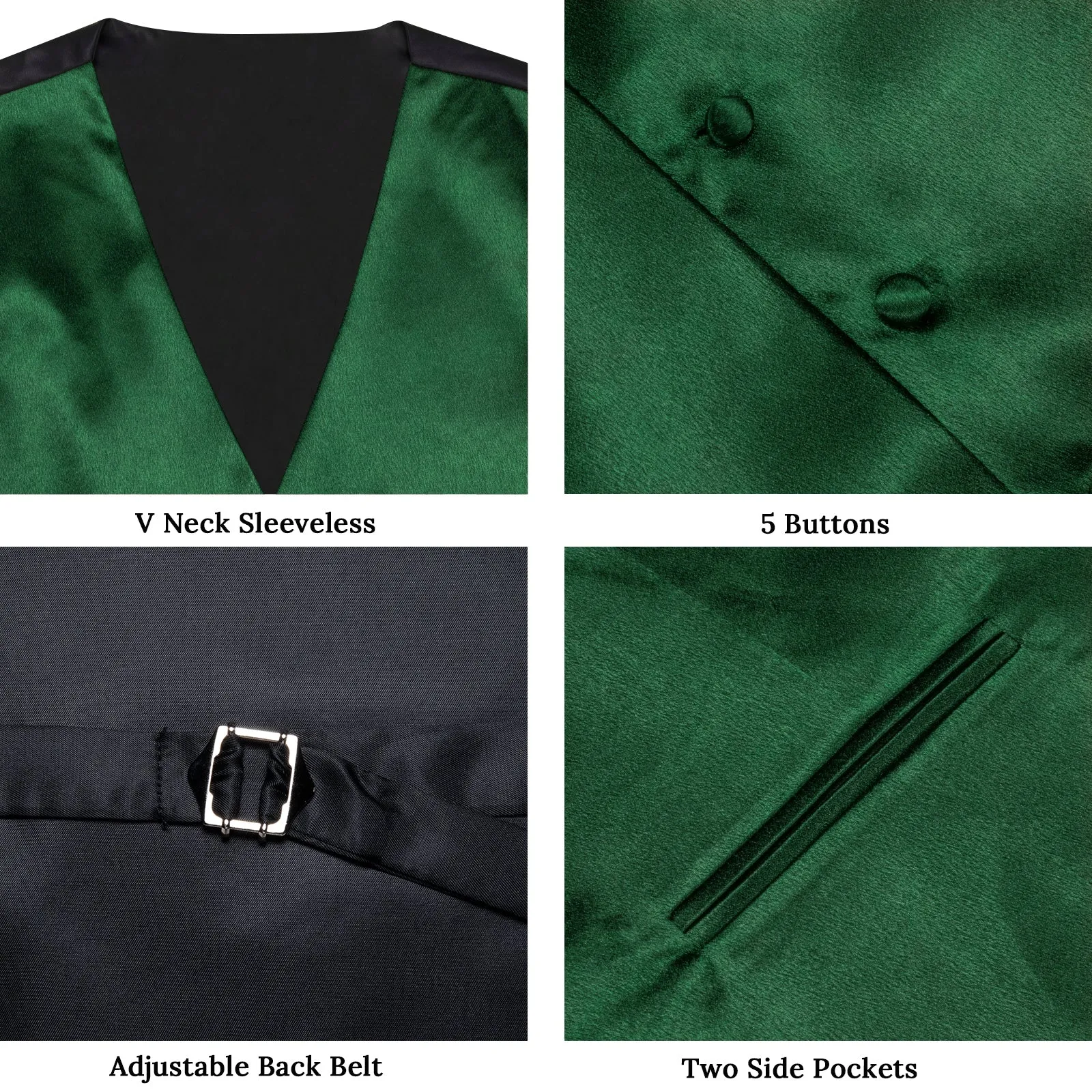 Dark Green Solid Shining Silk Formal Men's Vest Hanky Cufflinks Tie Set