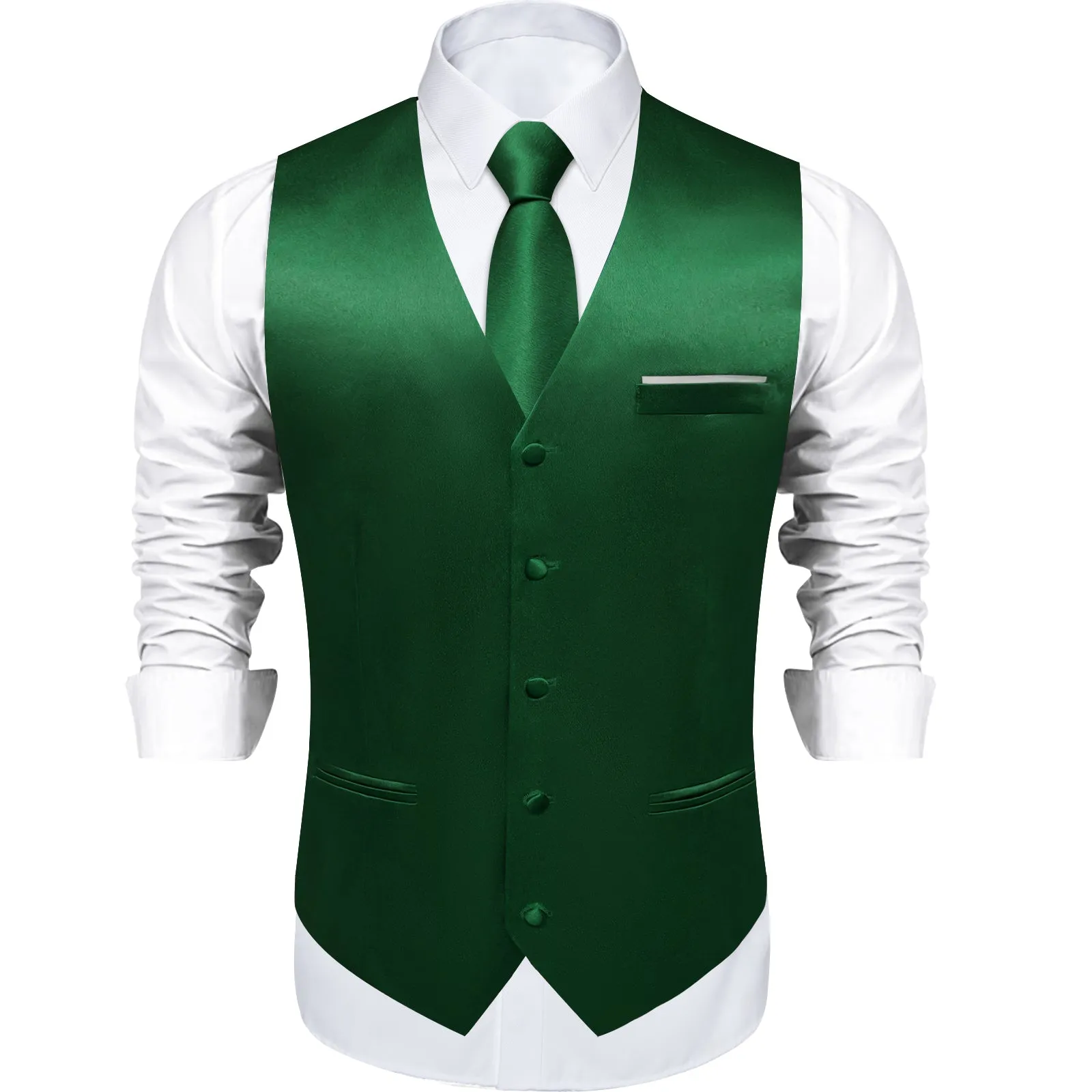 Dark Green Solid Shining Silk Formal Men's Vest Hanky Cufflinks Tie Set