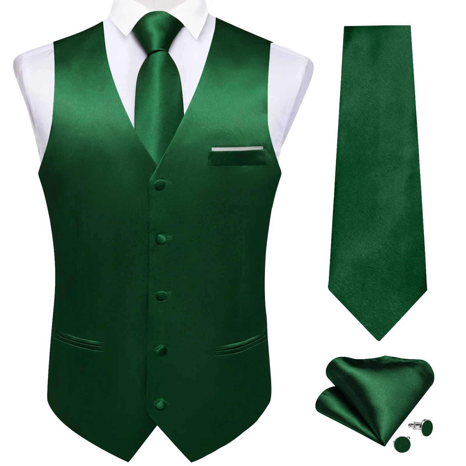 Dark Green Solid Shining Silk Formal Men's Vest Hanky Cufflinks Tie Set