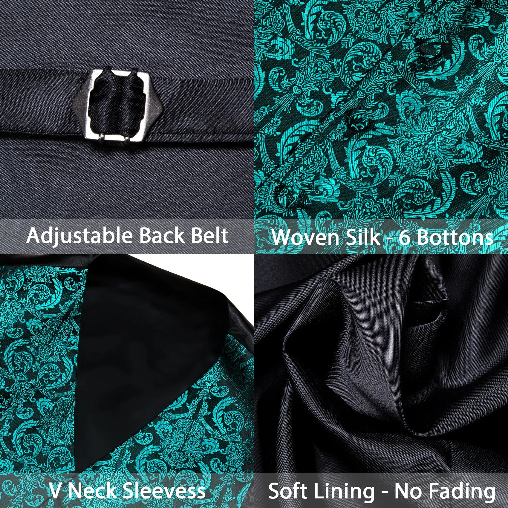 Dark Lake Blue Paisley Jacquard Silk Men's Vest Hanky Cufflinks Tie Set