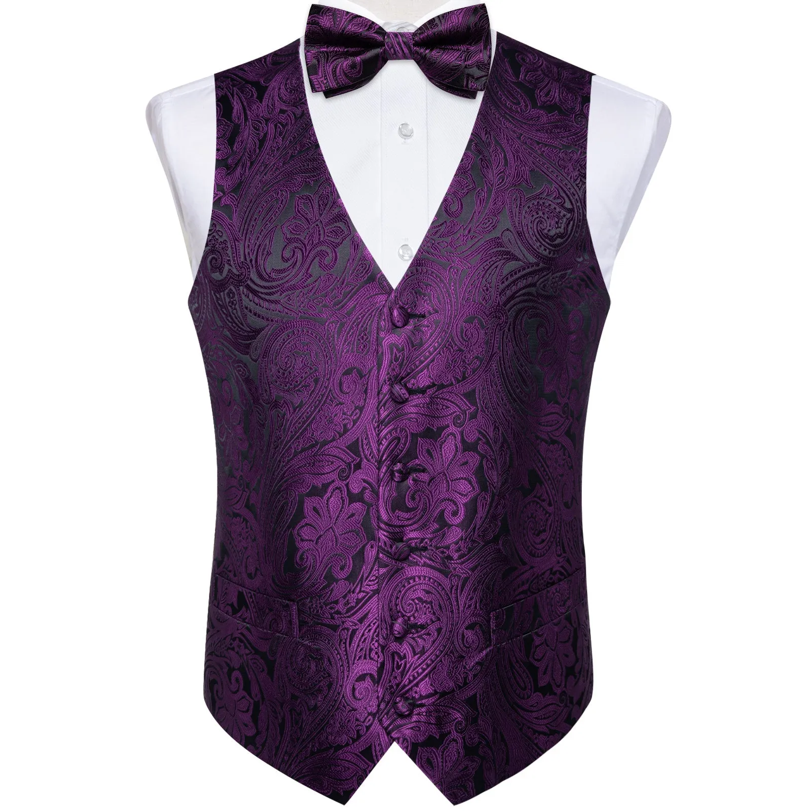 Dark Purple Paisley Jacquard Silk Men Vest Necktie Bow Tie Handkerchief Cufflinks Set