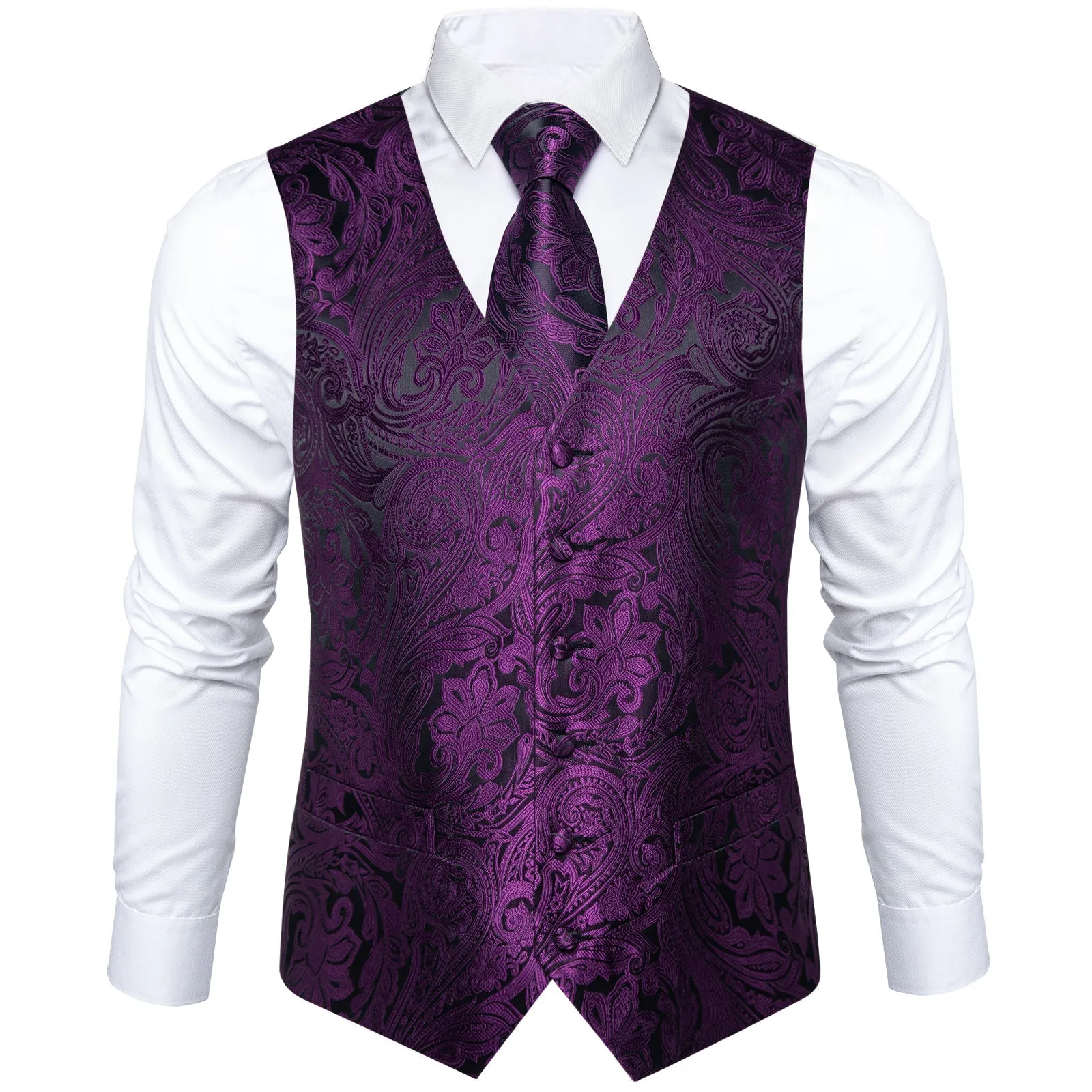Dark Purple Paisley Jacquard Silk Men Vest Necktie Bow Tie Handkerchief Cufflinks Set