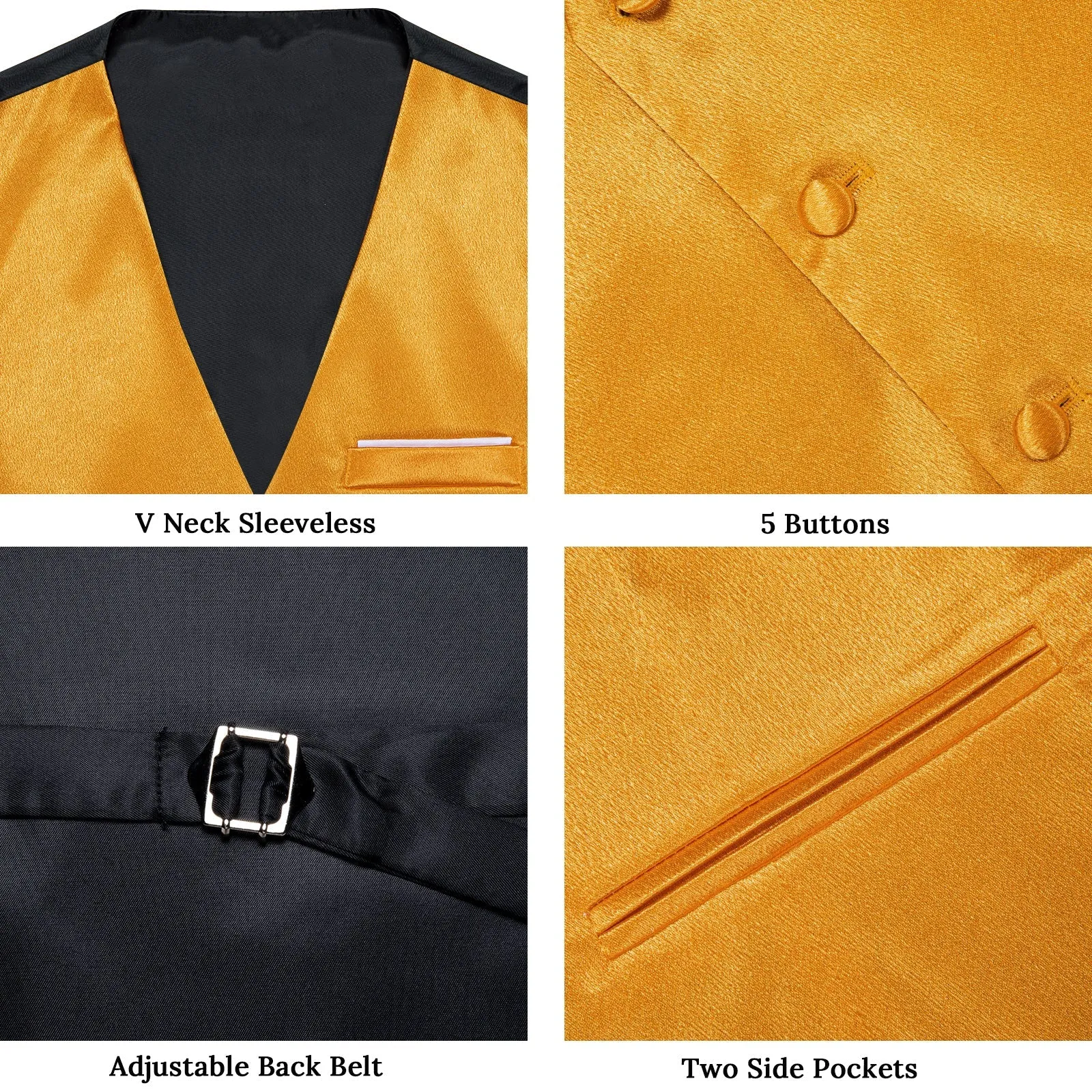 Deep Yellow Solid Shining Silk Formal Men's Vest Hanky Cufflinks Tie Set