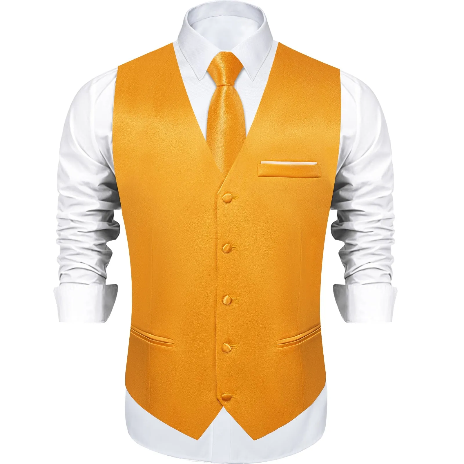 Deep Yellow Solid Shining Silk Formal Men's Vest Hanky Cufflinks Tie Set