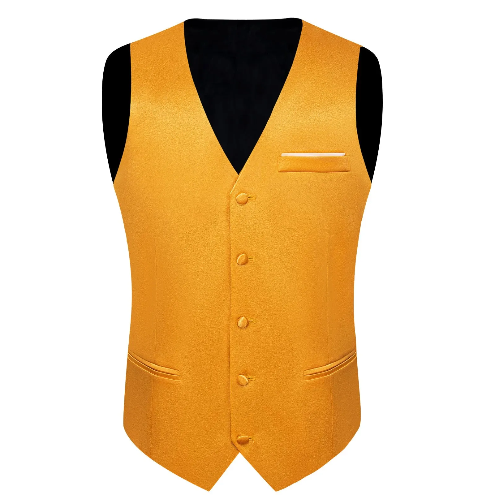 Deep Yellow Solid Shining Silk Formal Men's Vest Hanky Cufflinks Tie Set