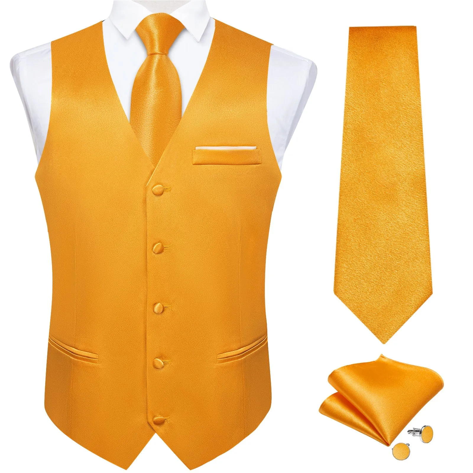 Deep Yellow Solid Shining Silk Formal Men's Vest Hanky Cufflinks Tie Set
