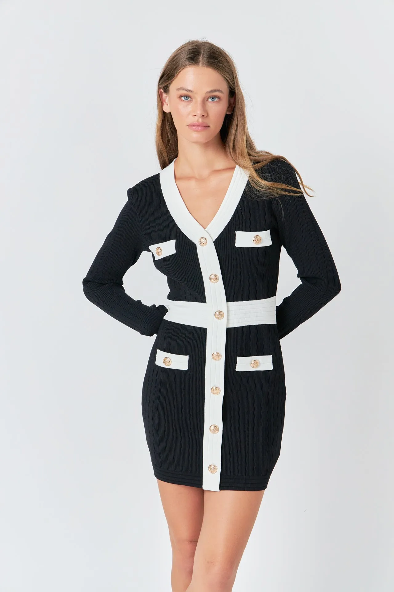 Endless Rose - Contrast detail V-neck Knit Mini Dress