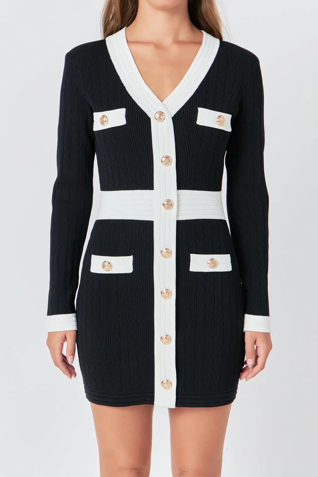 Endless Rose - Contrast detail V-neck Knit Mini Dress