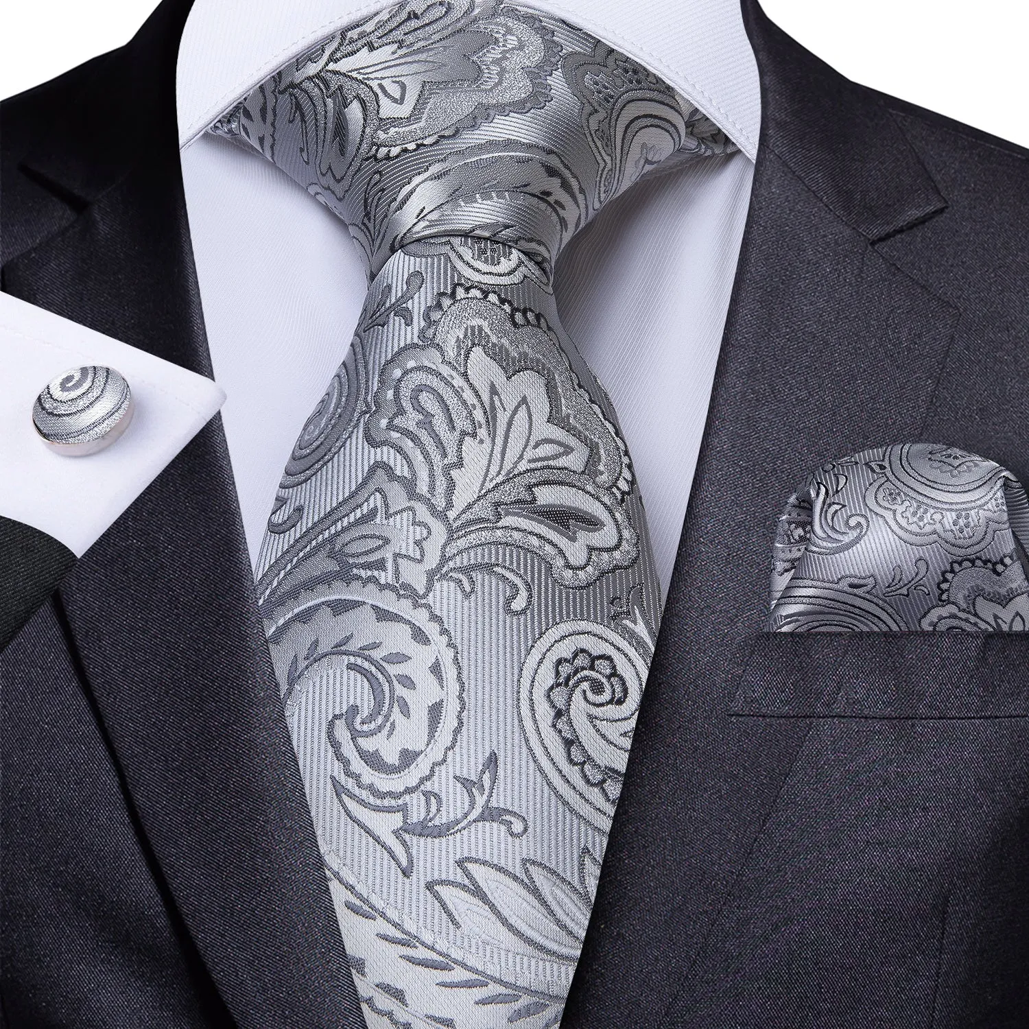 Fashion Black Collar Grey Paisley Jacquard Silk Men's Vest Hanky Cufflinks Tie Set