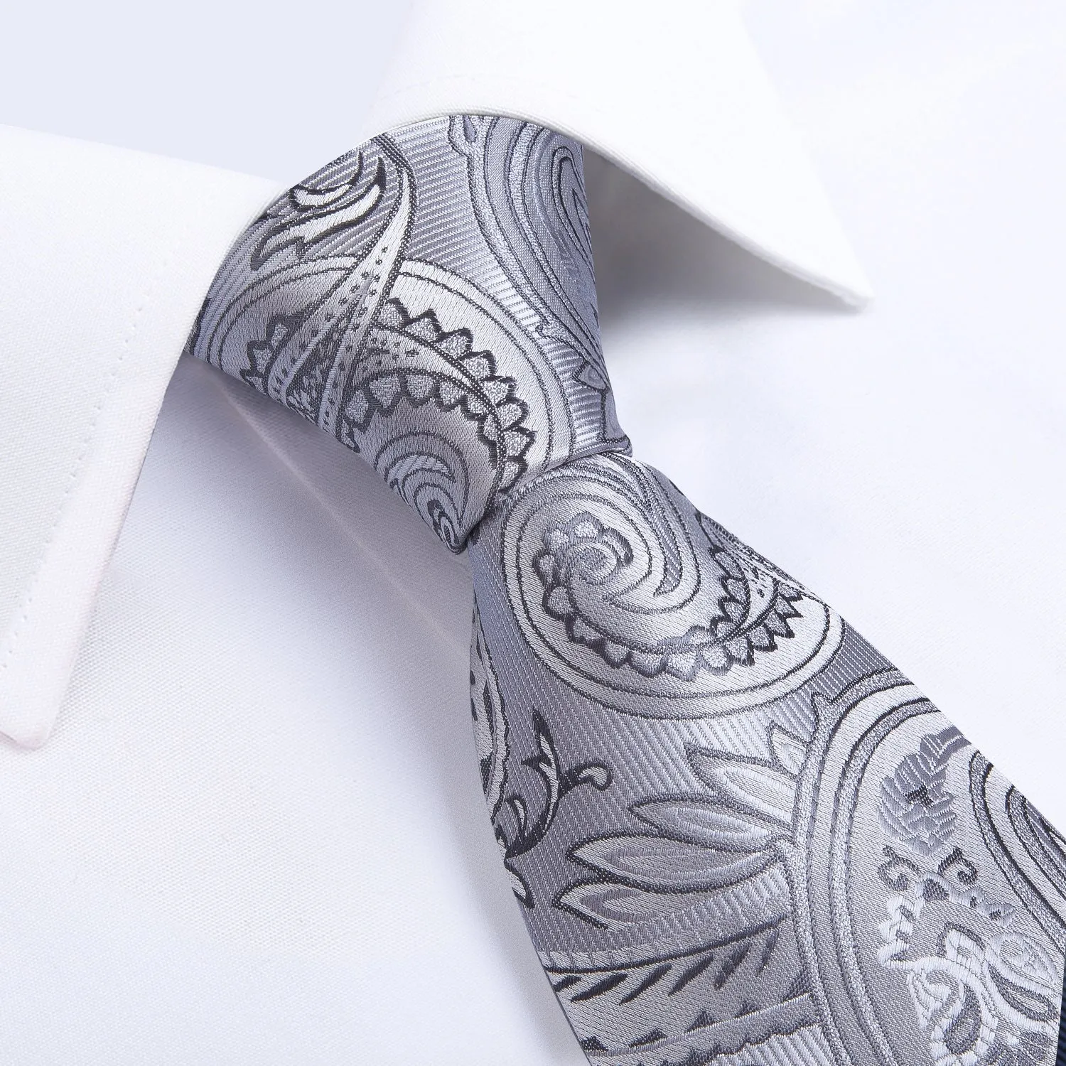 Fashion Black Collar Grey Paisley Jacquard Silk Men's Vest Hanky Cufflinks Tie Set