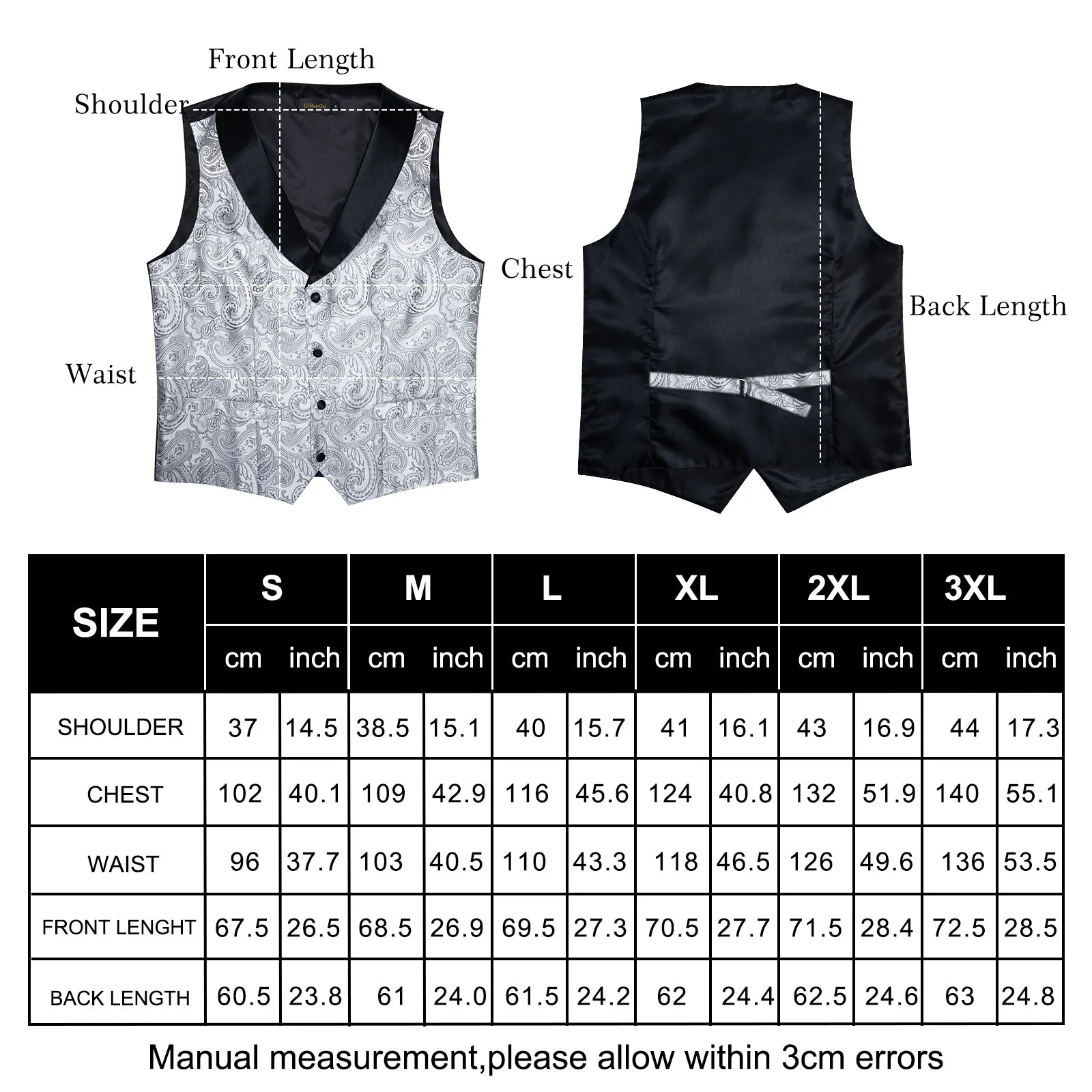 Fashion Black Collar Grey Paisley Jacquard Silk Men's Vest Hanky Cufflinks Tie Set