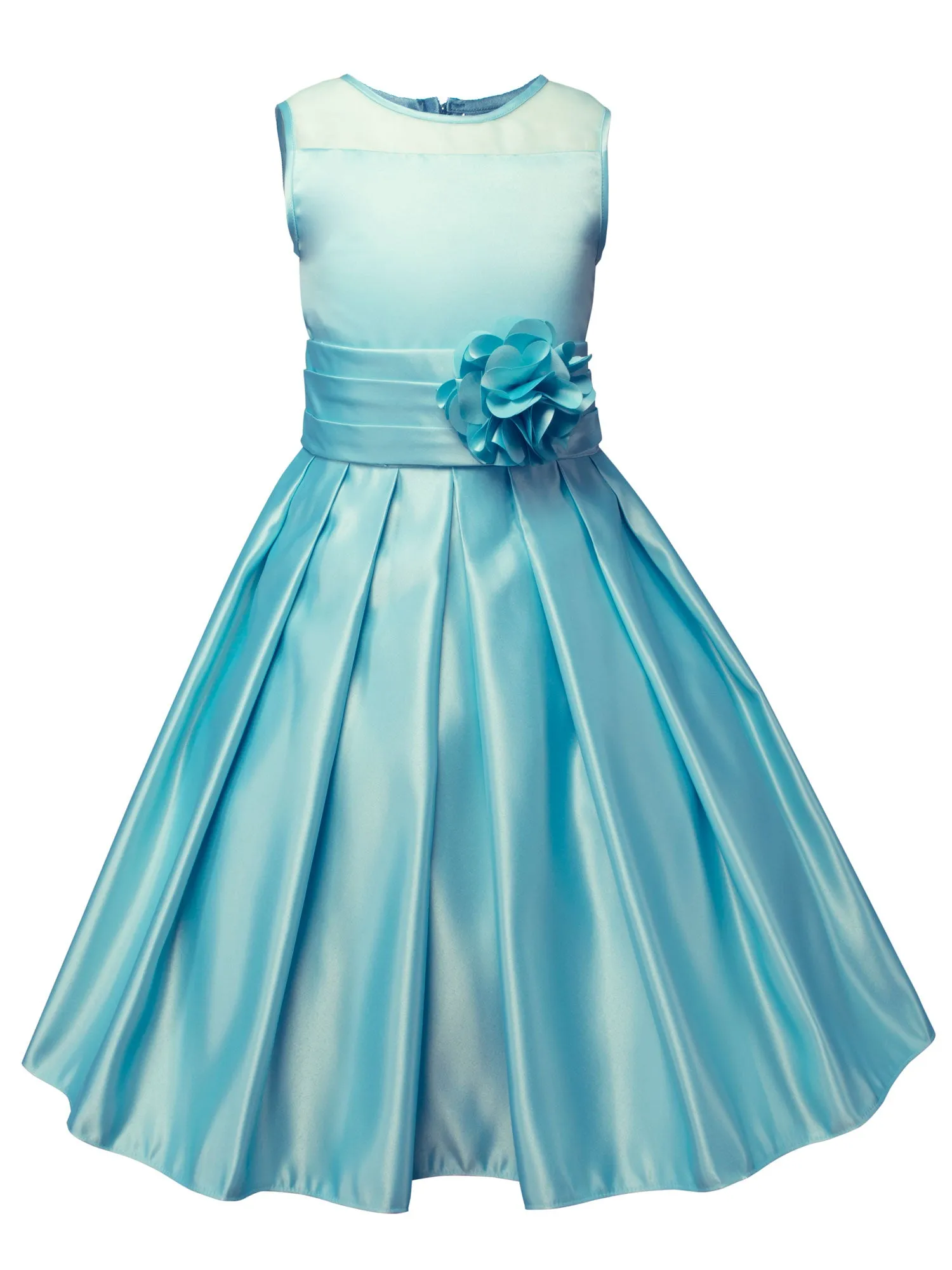 Girls' Sheer Neckline Red Satin Tea Length Flower Girl Dress