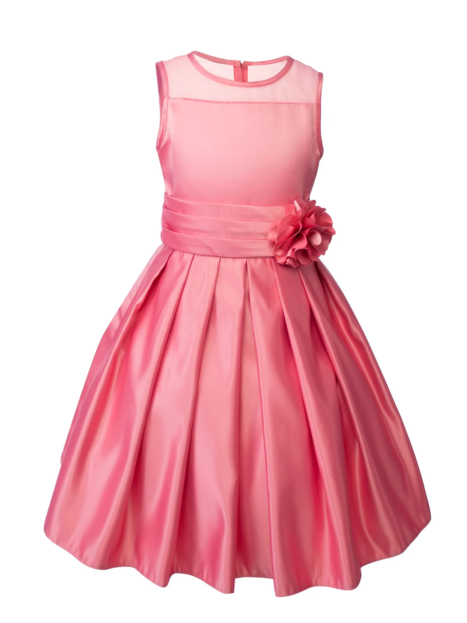 Girls' Sheer Neckline Red Satin Tea Length Flower Girl Dress