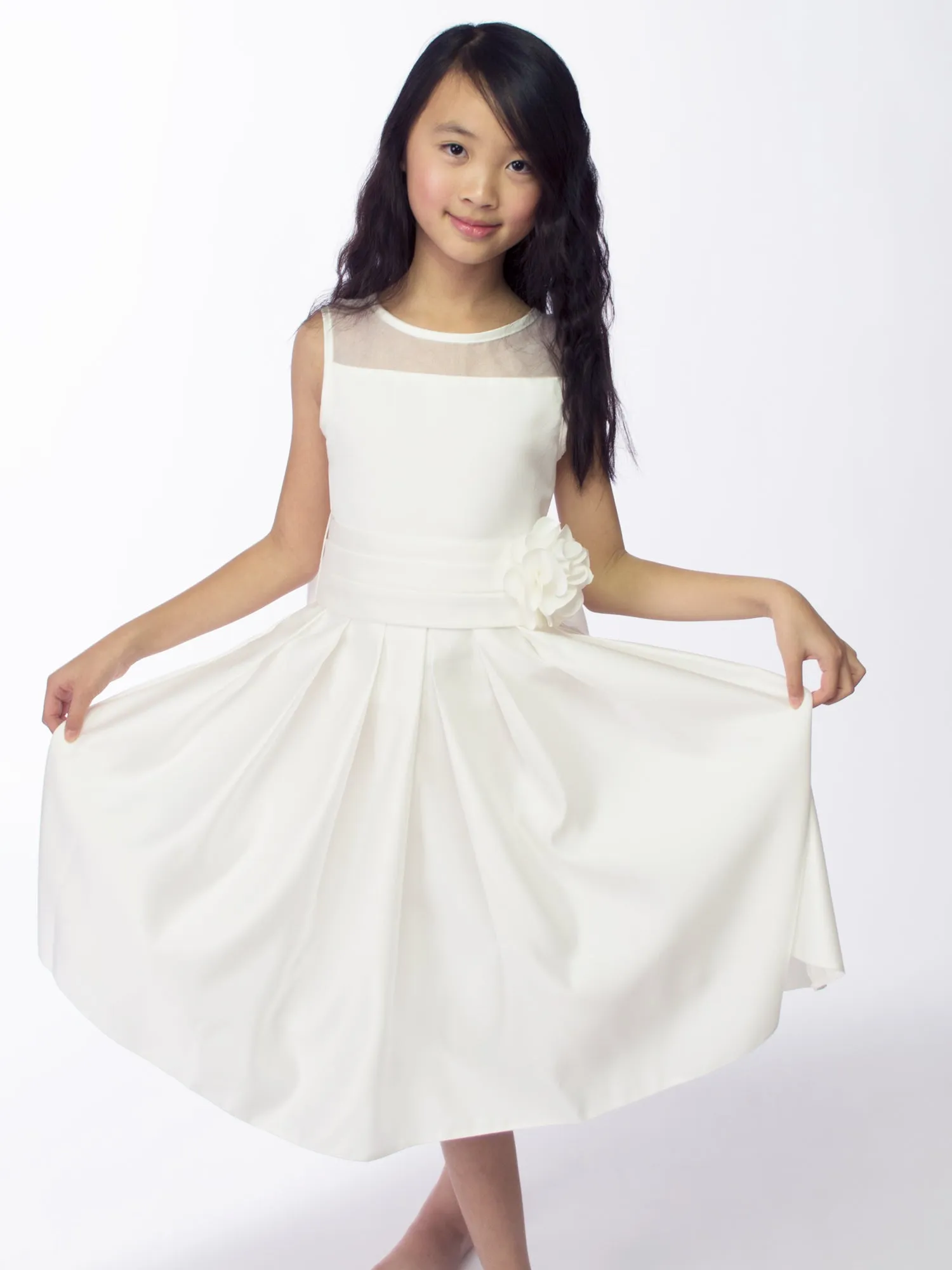Girls' Sheer Neckline Red Satin Tea Length Flower Girl Dress
