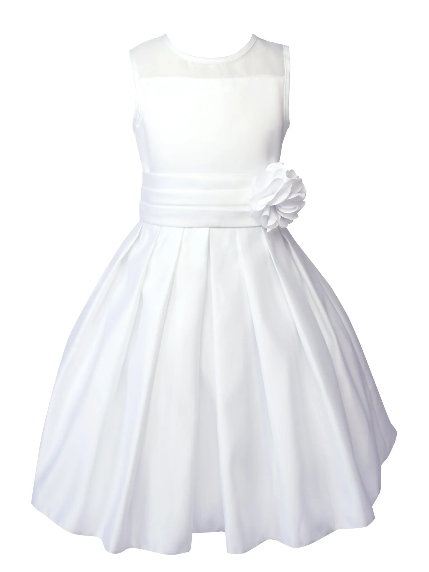 Girls' Sheer Neckline Red Satin Tea Length Flower Girl Dress