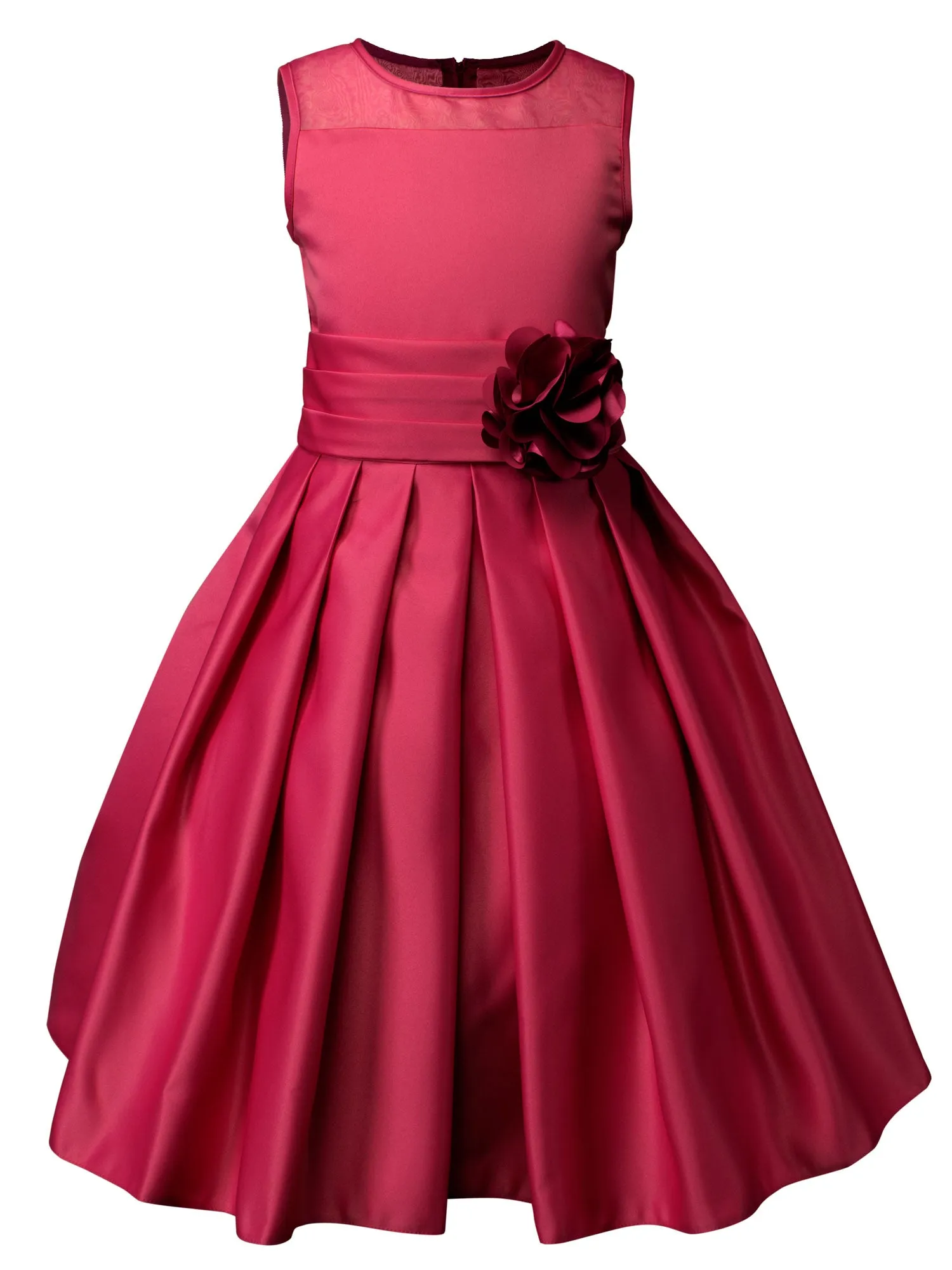 Girls' Sheer Neckline Red Satin Tea Length Flower Girl Dress