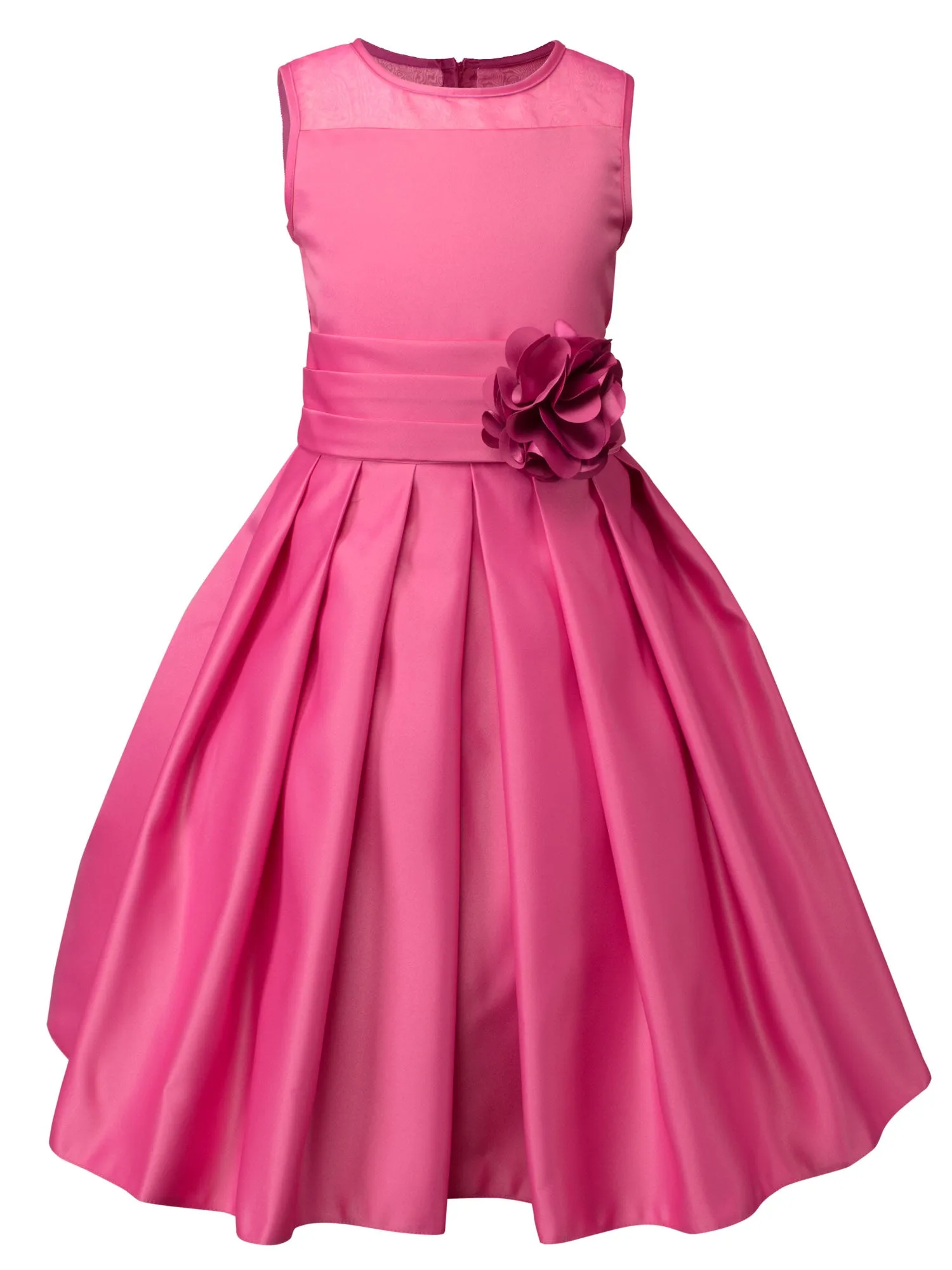 Girls' Sheer Neckline Red Satin Tea Length Flower Girl Dress