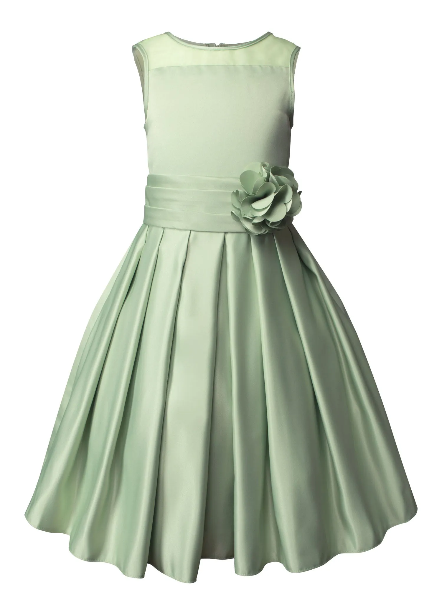 Girls' Sheer Neckline Red Satin Tea Length Flower Girl Dress
