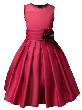 Girls' Sheer Neckline Red Satin Tea Length Flower Girl Dress