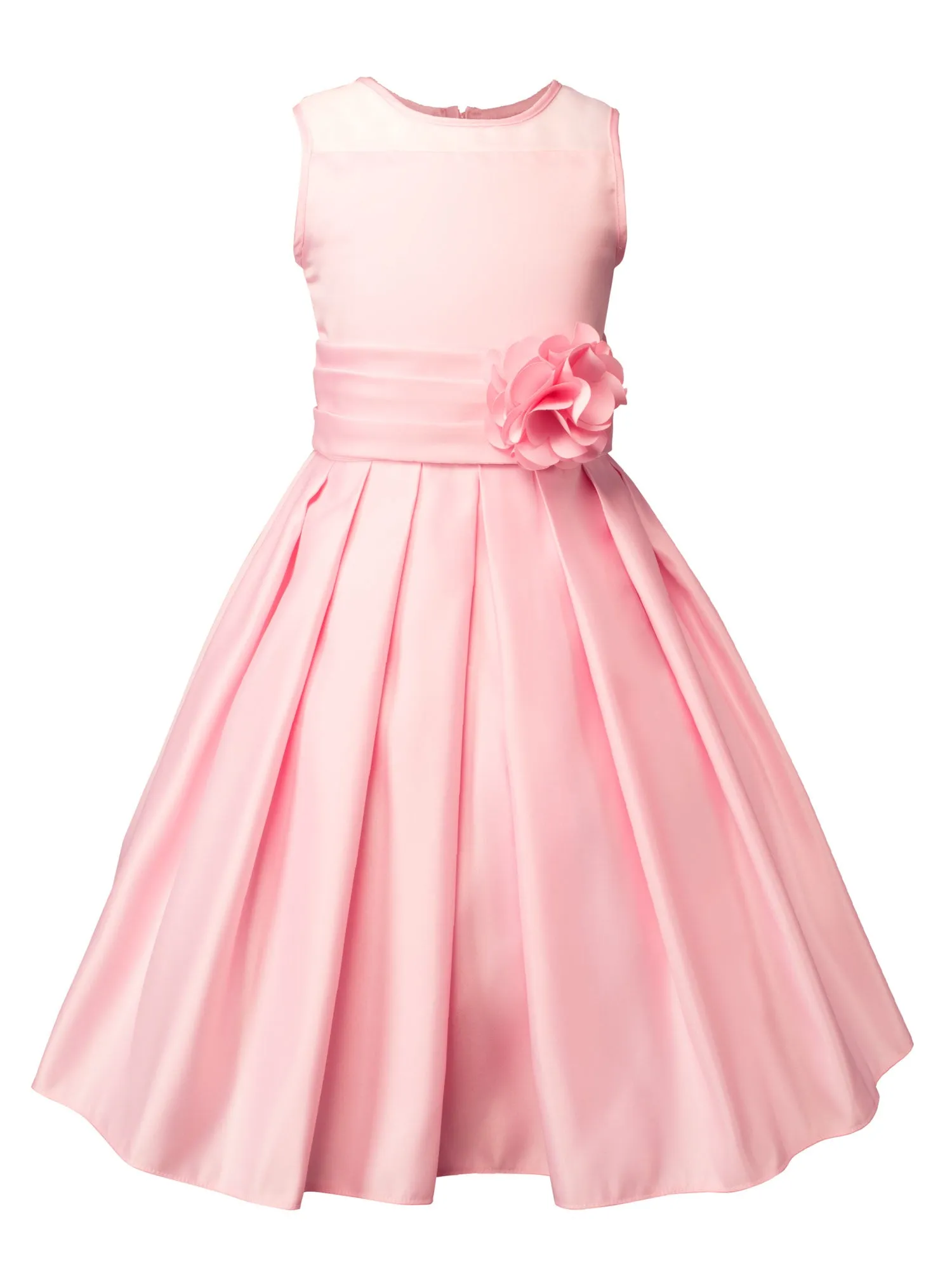 Girls' Sheer Neckline Red Satin Tea Length Flower Girl Dress