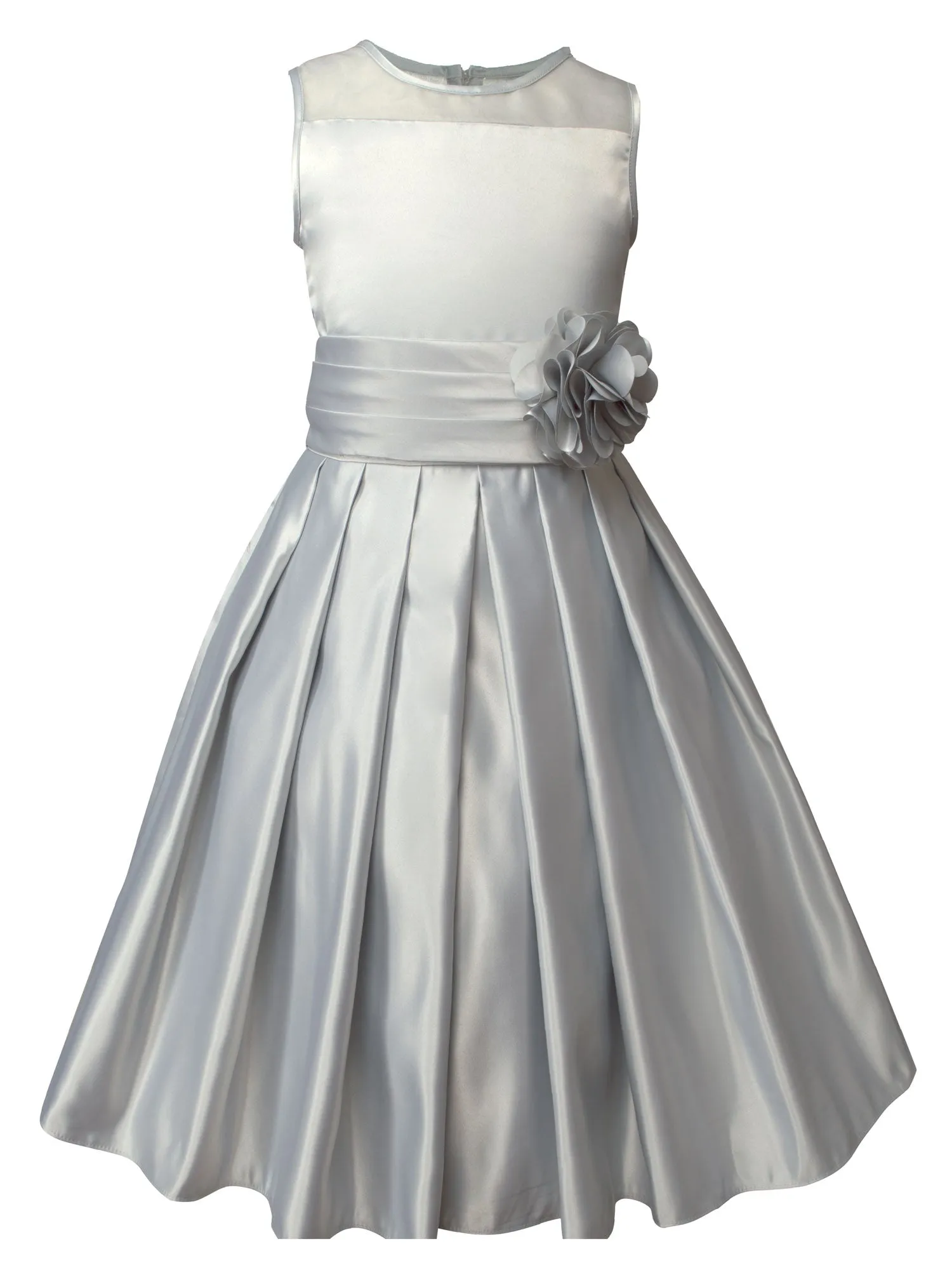 Girls' Sheer Neckline Red Satin Tea Length Flower Girl Dress