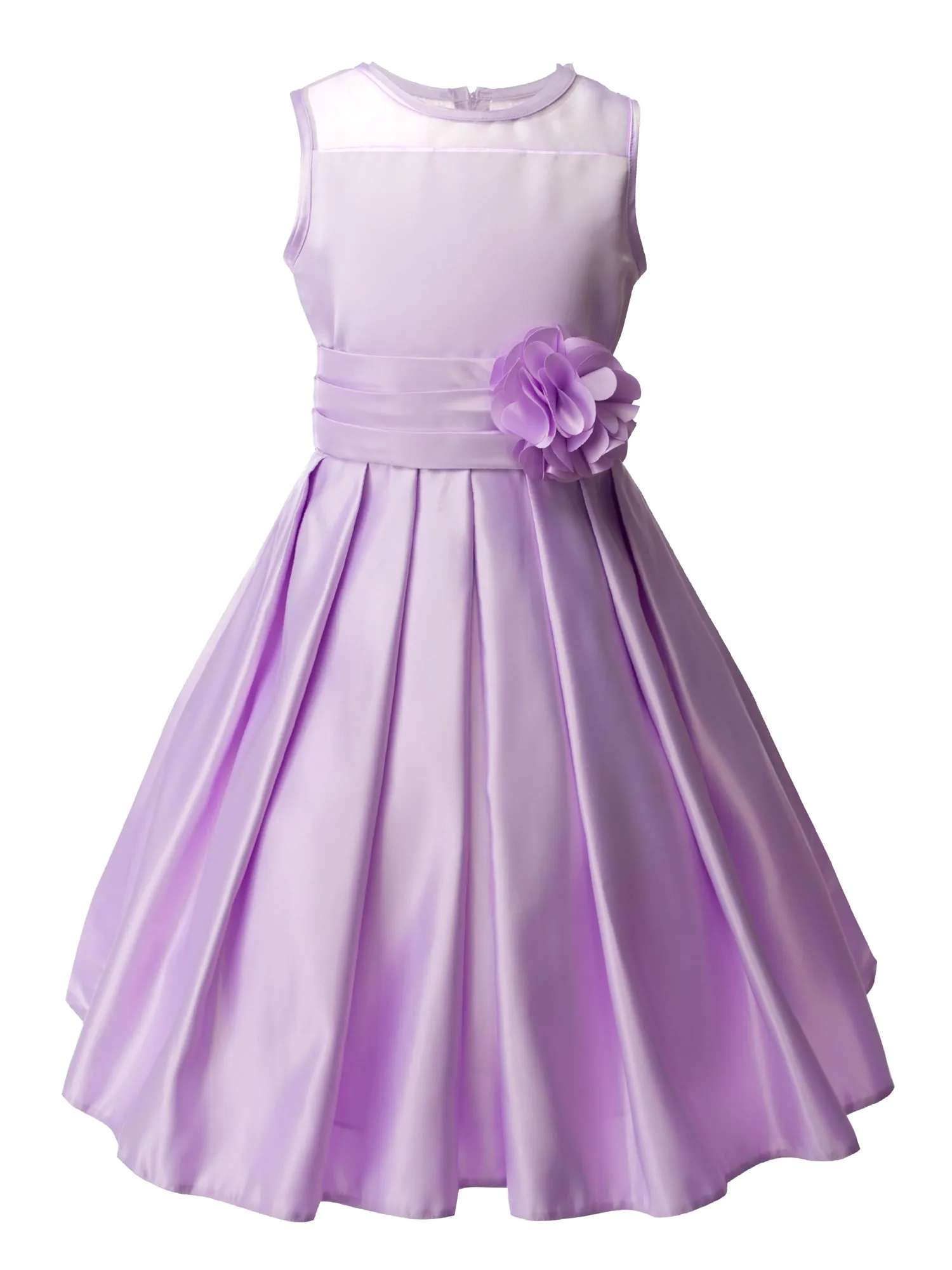 Girls' Sheer Neckline Red Satin Tea Length Flower Girl Dress