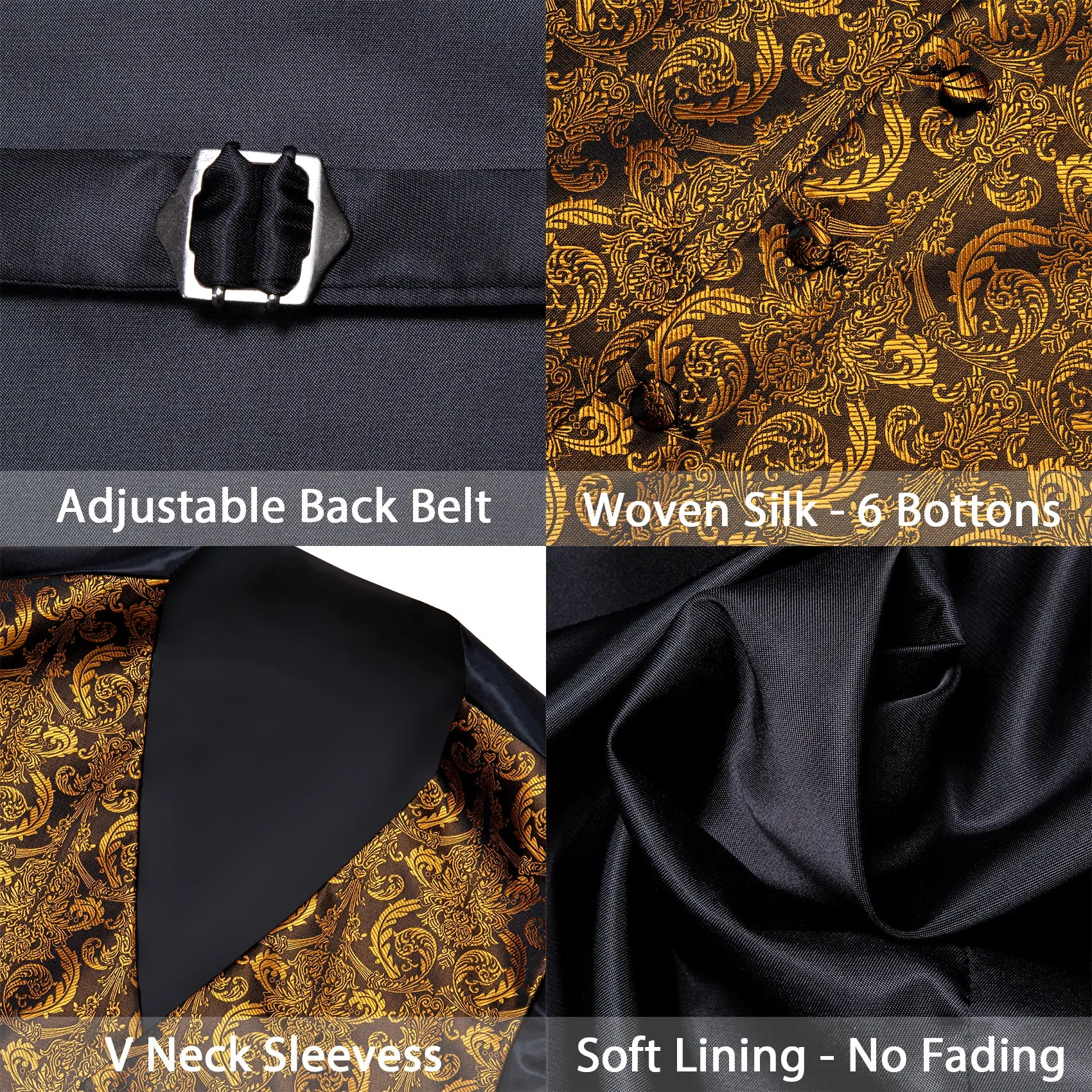 Golden Brown Paisley Jacquard Silk Men's Vest Hanky Cufflinks Tie Set