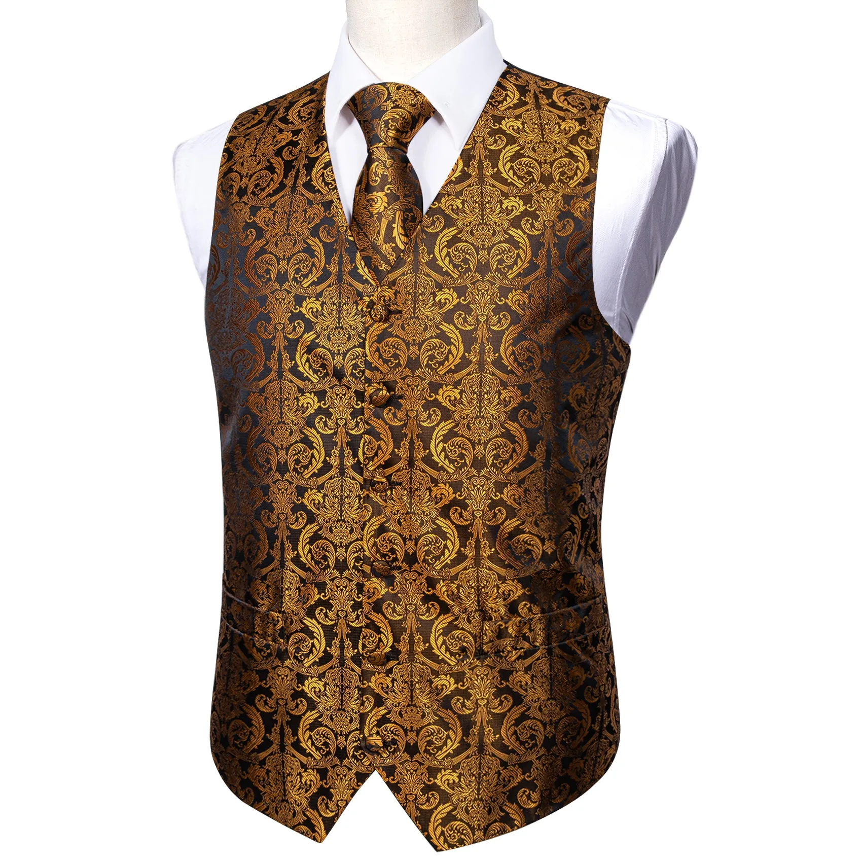 Golden Brown Paisley Jacquard Silk Men's Vest Hanky Cufflinks Tie Set