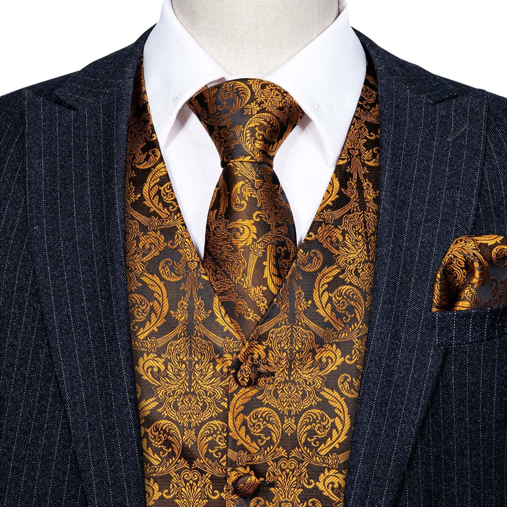 Golden Brown Paisley Jacquard Silk Men's Vest Hanky Cufflinks Tie Set