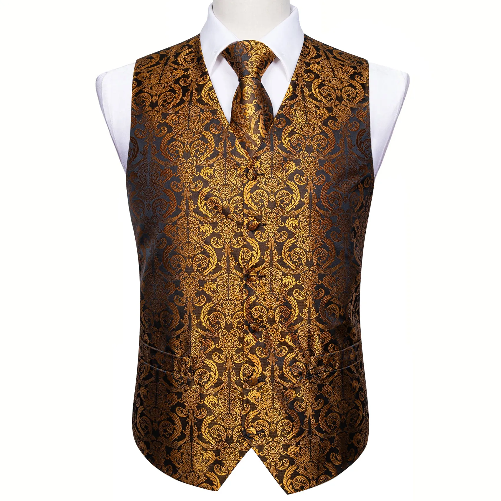 Golden Brown Paisley Jacquard Silk Men's Vest Hanky Cufflinks Tie Set