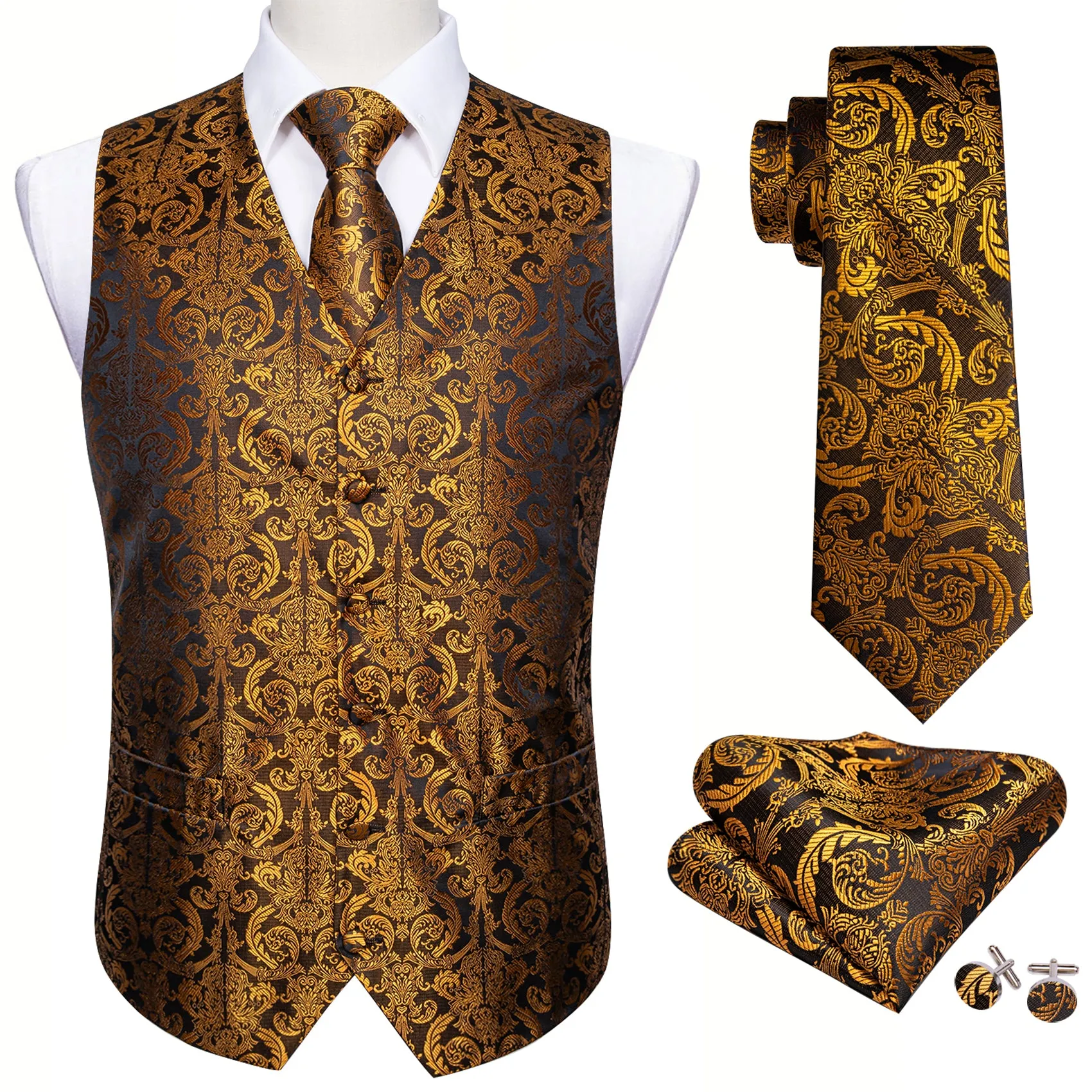Golden Brown Paisley Jacquard Silk Men's Vest Hanky Cufflinks Tie Set