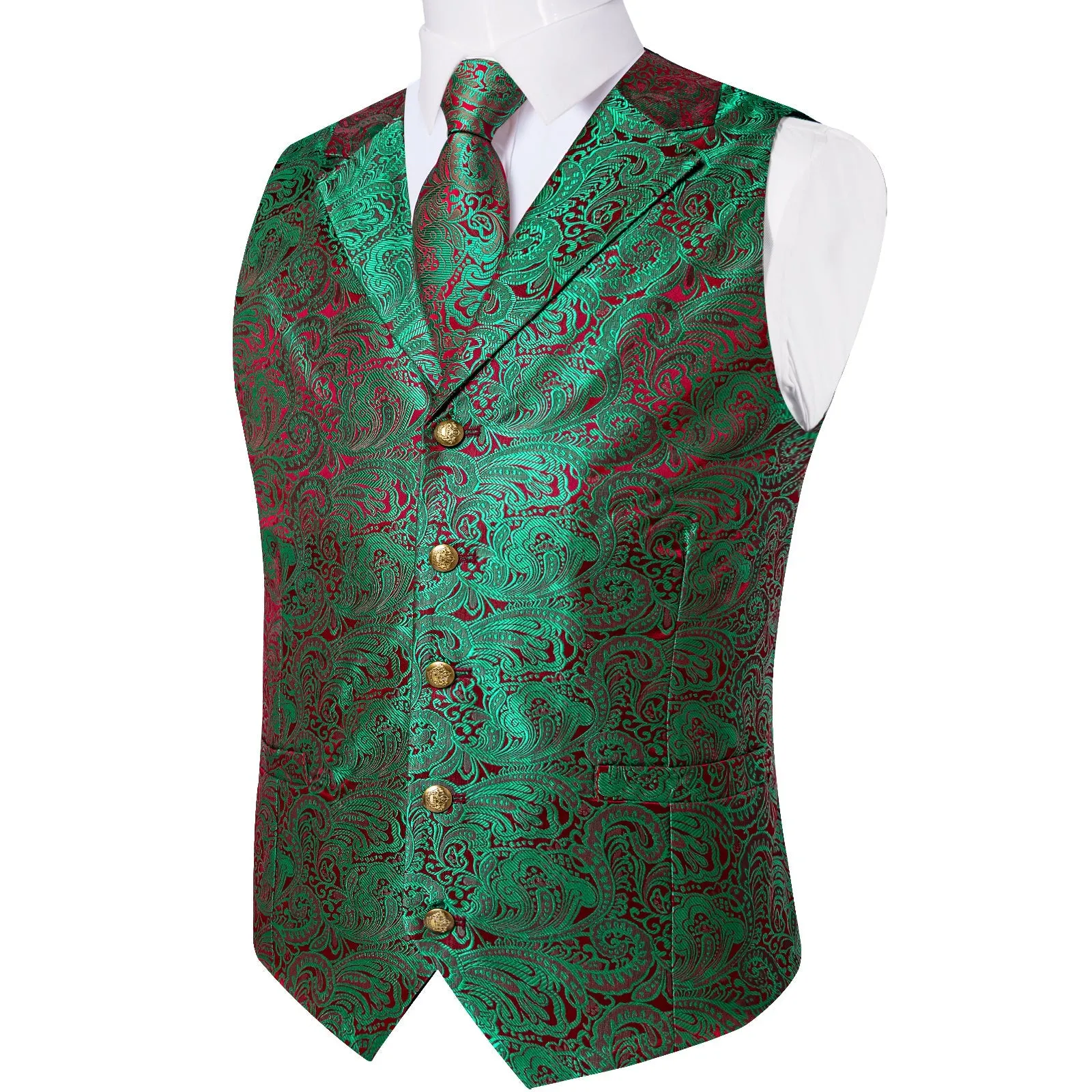 Green Red Luxury Paisley Jacquard Men's Collar Vest Tie Hanky Cufflinks Suit Set