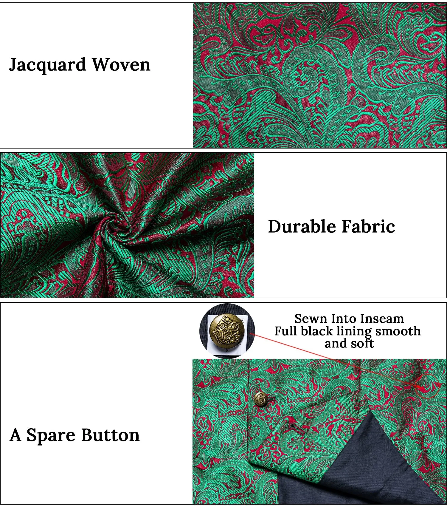 Green Red Luxury Paisley Jacquard Men's Collar Vest Tie Hanky Cufflinks Suit Set