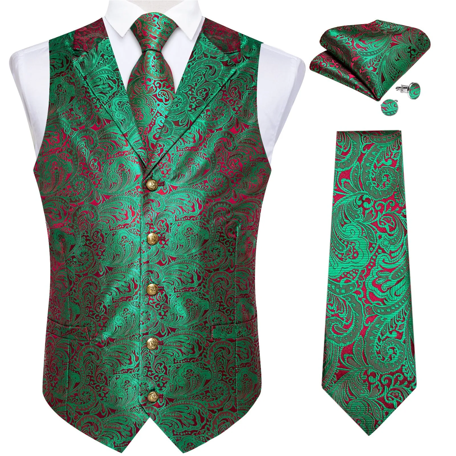 Green Red Luxury Paisley Jacquard Men's Collar Vest Tie Hanky Cufflinks Suit Set
