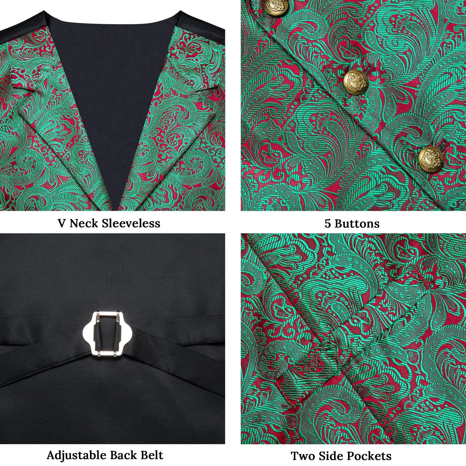 Green Red Luxury Paisley Jacquard Men's Collar Vest Tie Hanky Cufflinks Suit Set