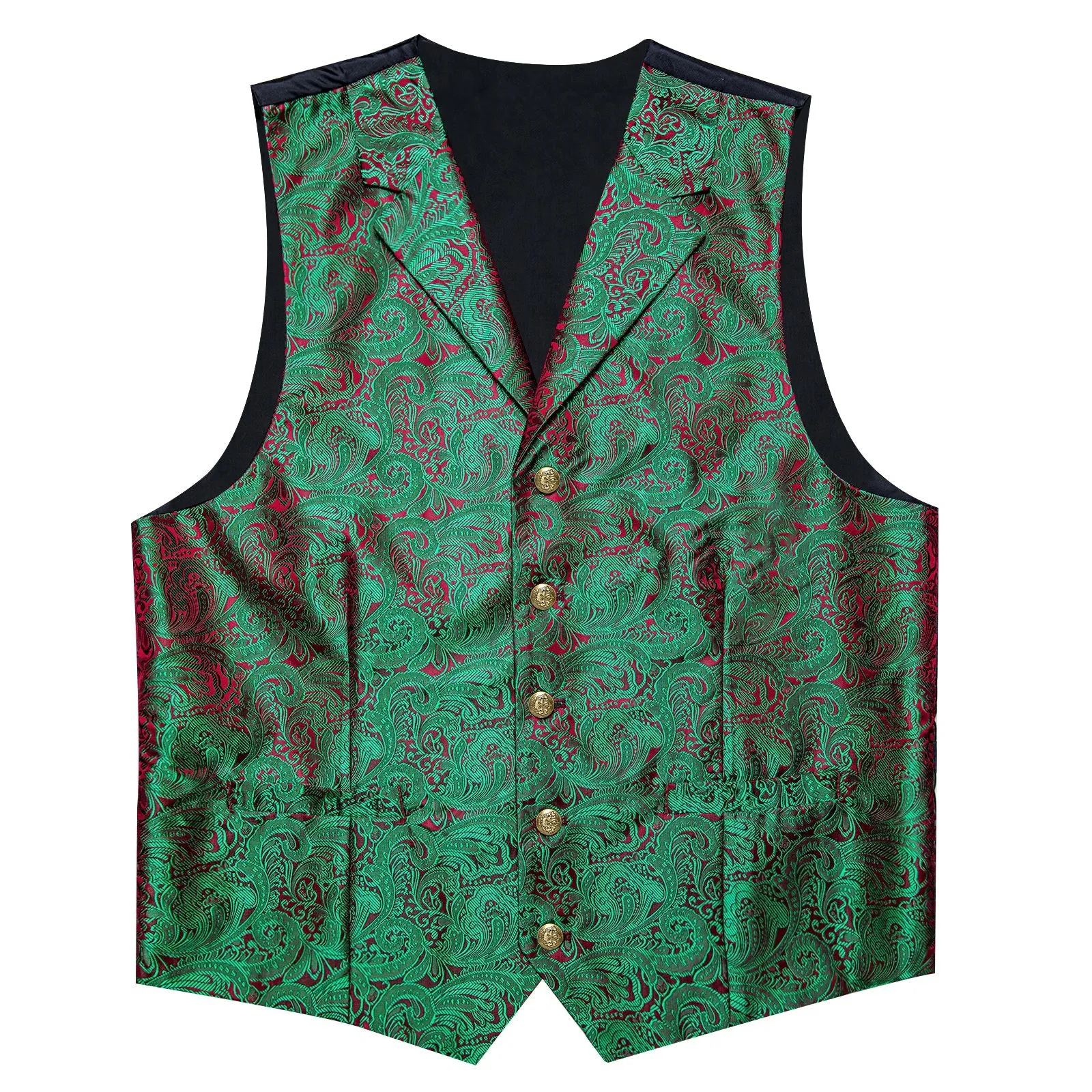 Green Red Luxury Paisley Jacquard Men's Collar Vest Tie Hanky Cufflinks Suit Set