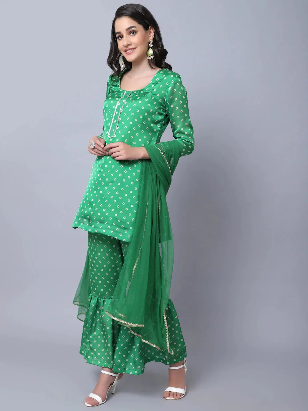 Green Satin Georgette Bandhani Print Suit Set with Net Mokaish Dupatta