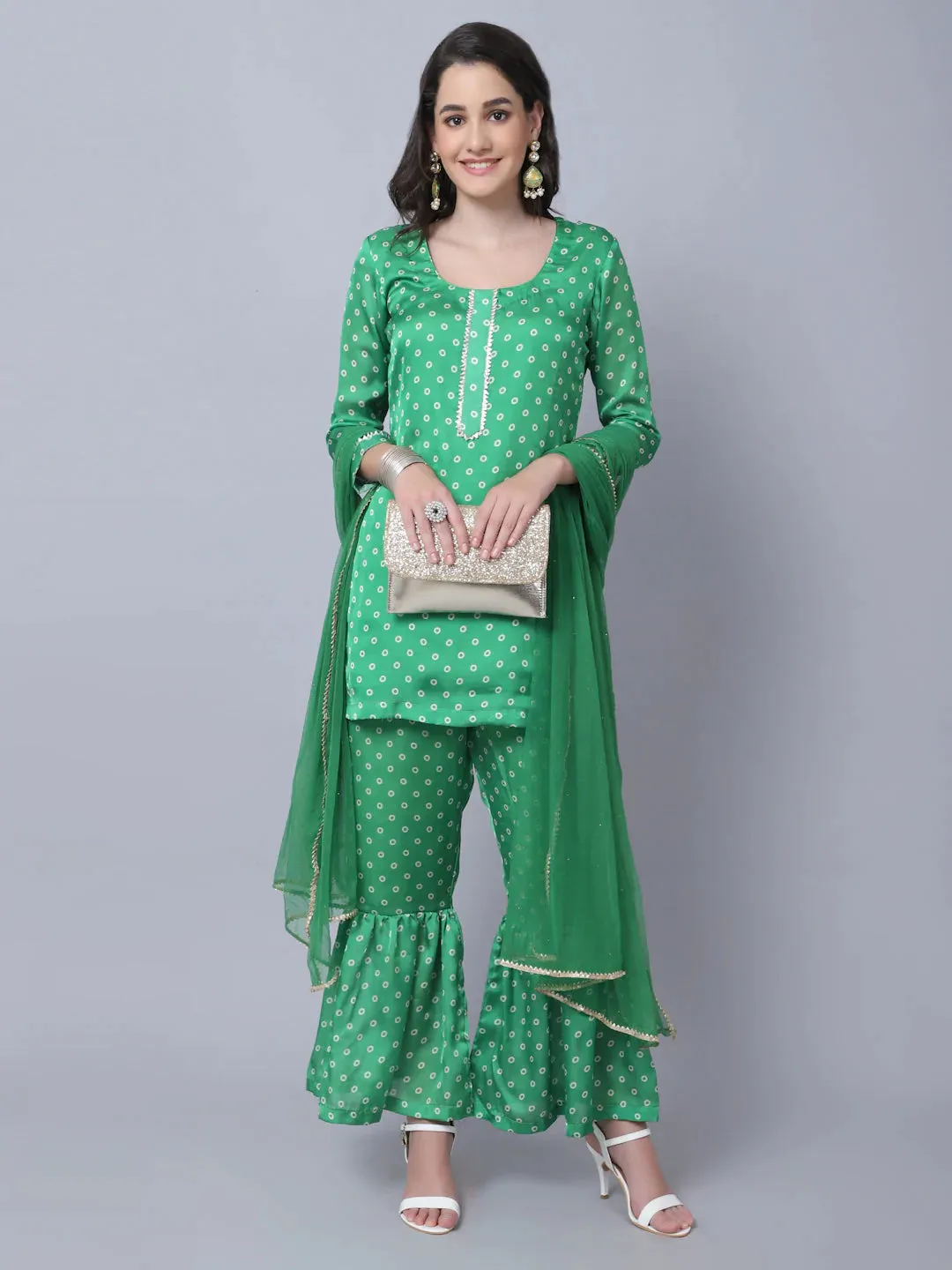 Green Satin Georgette Bandhani Print Suit Set with Net Mokaish Dupatta