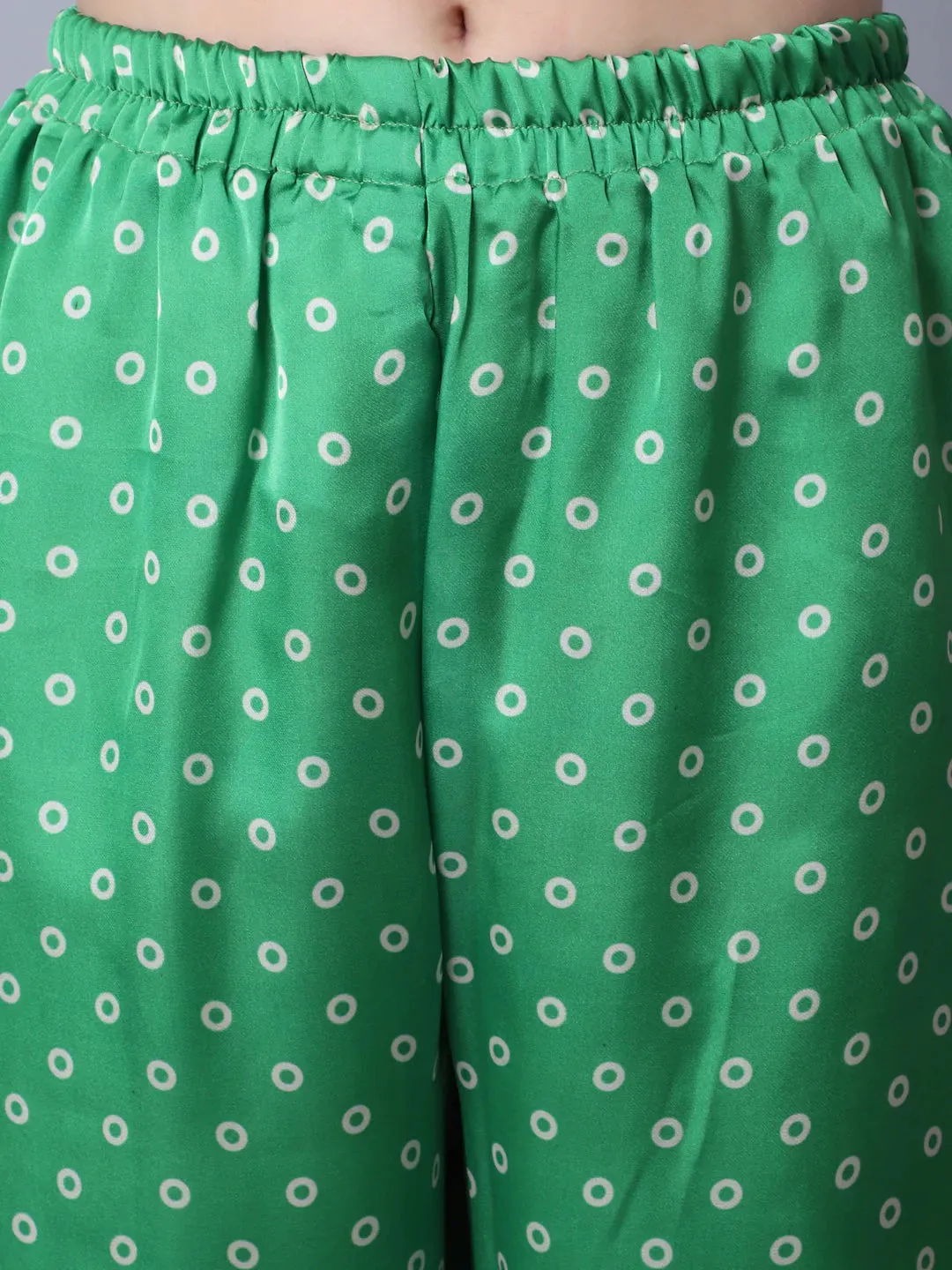 Green Satin Georgette Bandhani Print Suit Set with Net Mokaish Dupatta