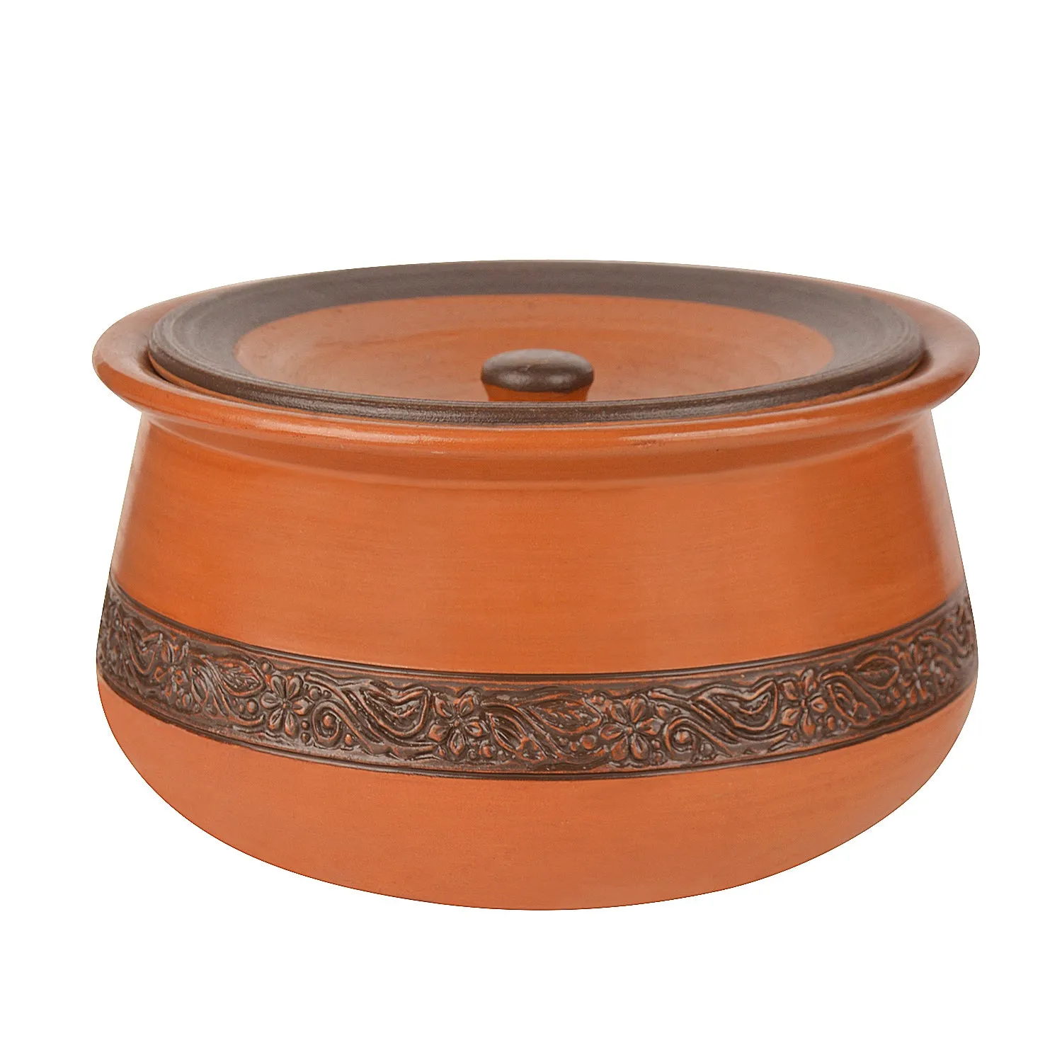 Handcrafted Ornately Designed Earthenware Handi with Lid (Brown, 2 Litre)