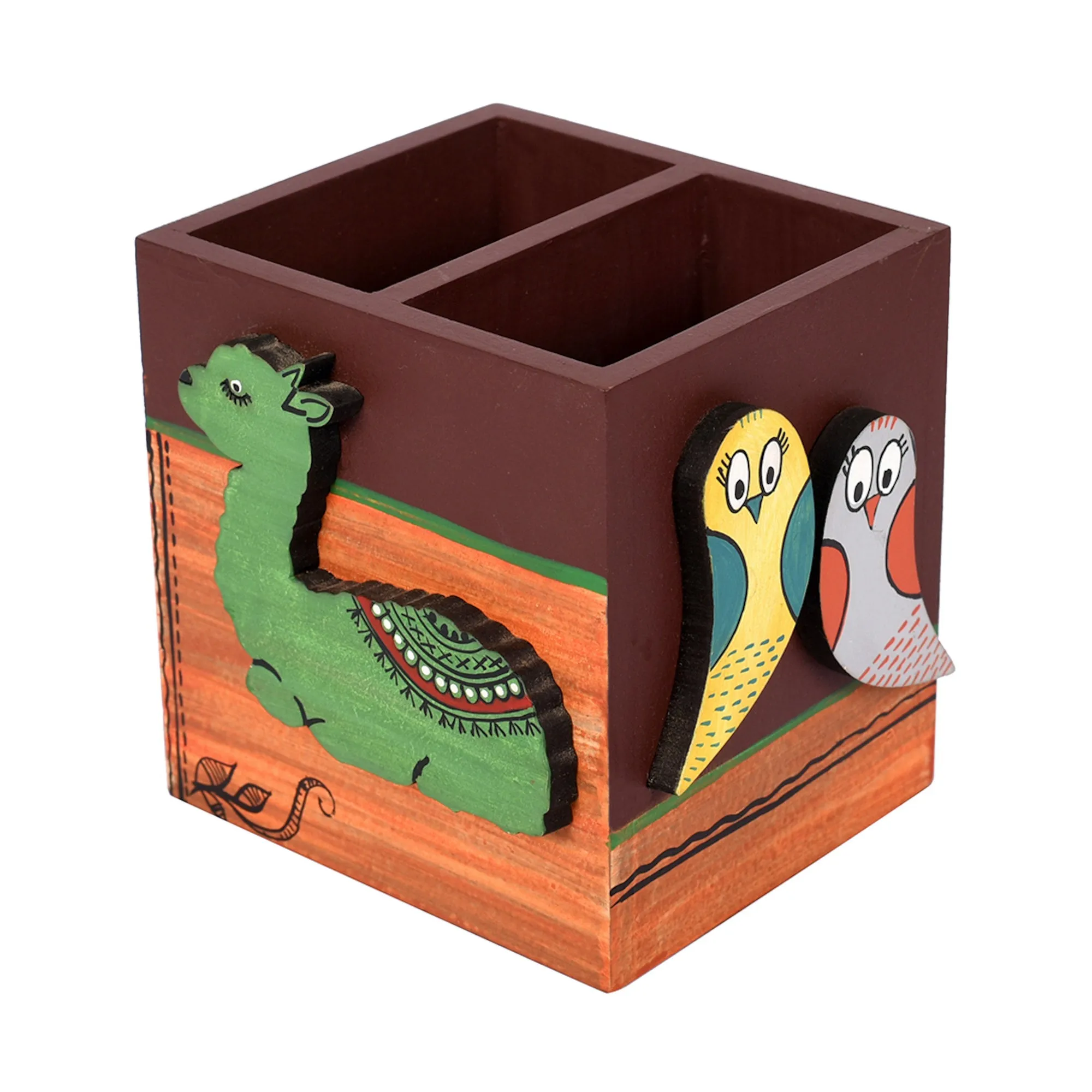 Handcrafted Tribal Art Wooden Pen Stand with Alpaca Motif (4.2 x 3.6 in)