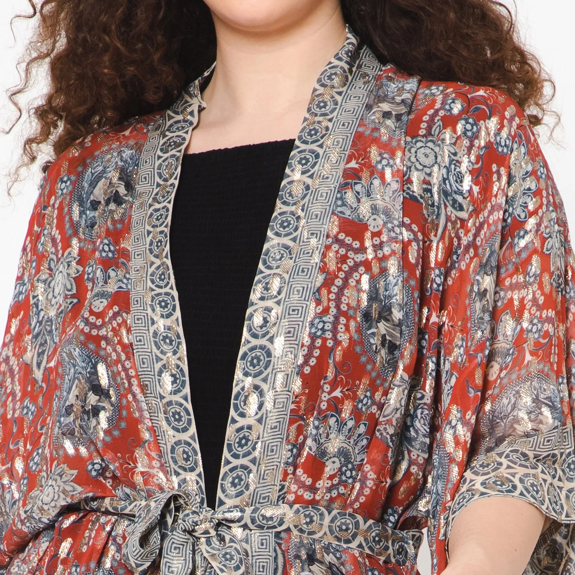 Impressionist Print Lurex Kimono - Crimson Grey