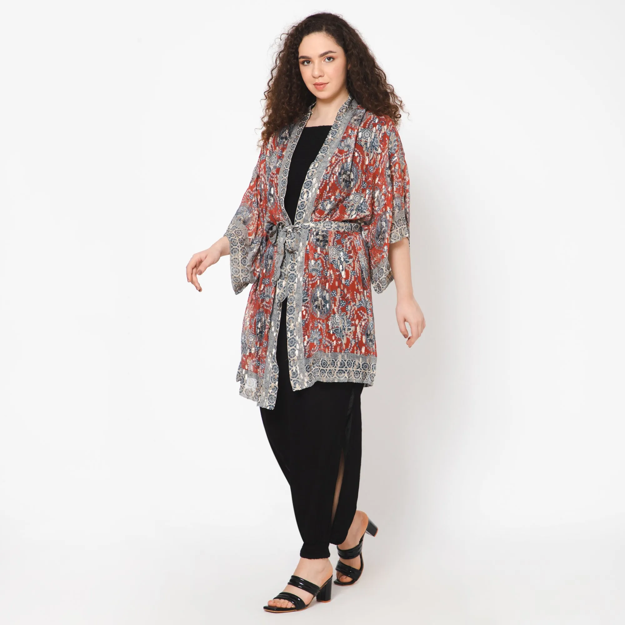 Impressionist Print Lurex Kimono - Crimson Grey