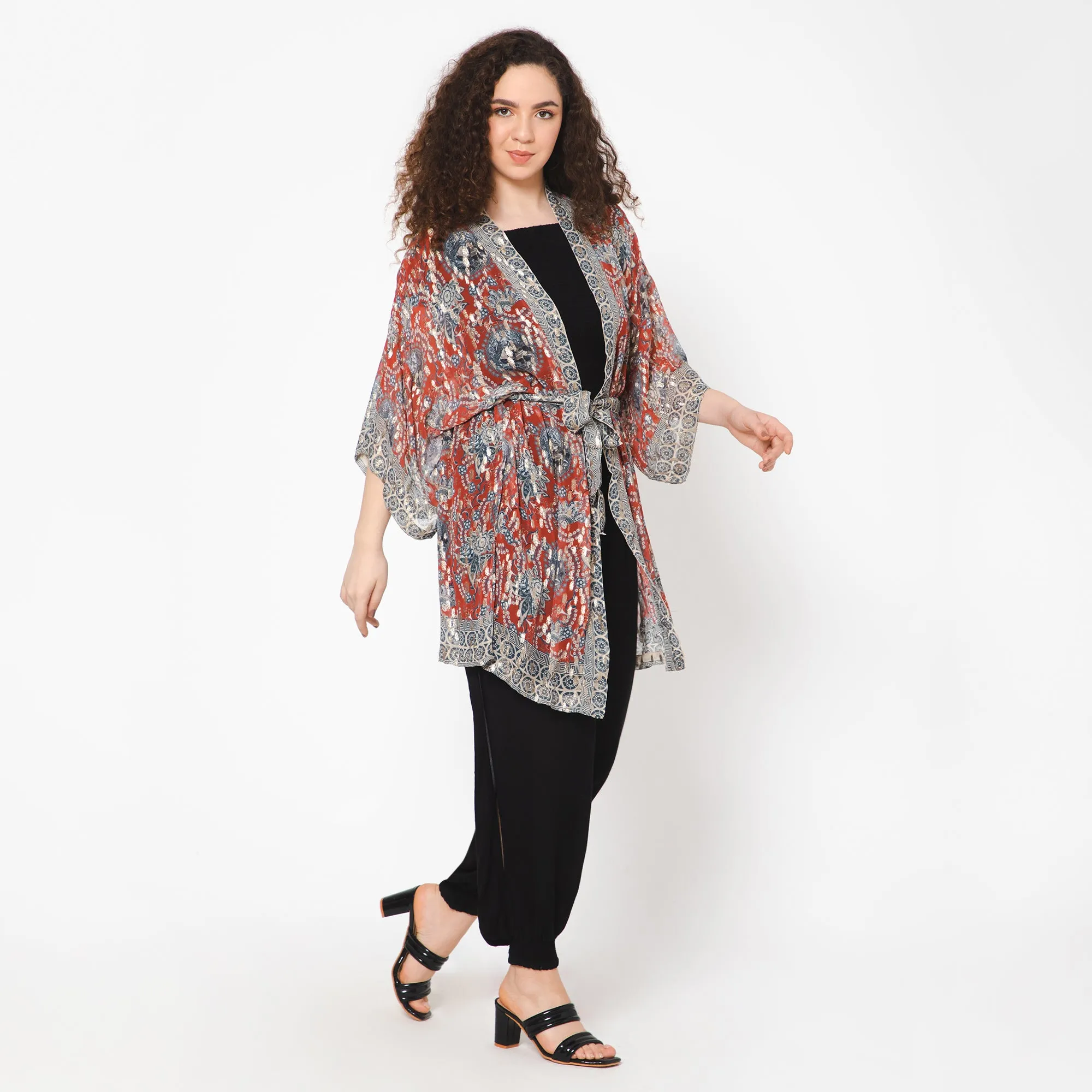 Impressionist Print Lurex Kimono - Crimson Grey