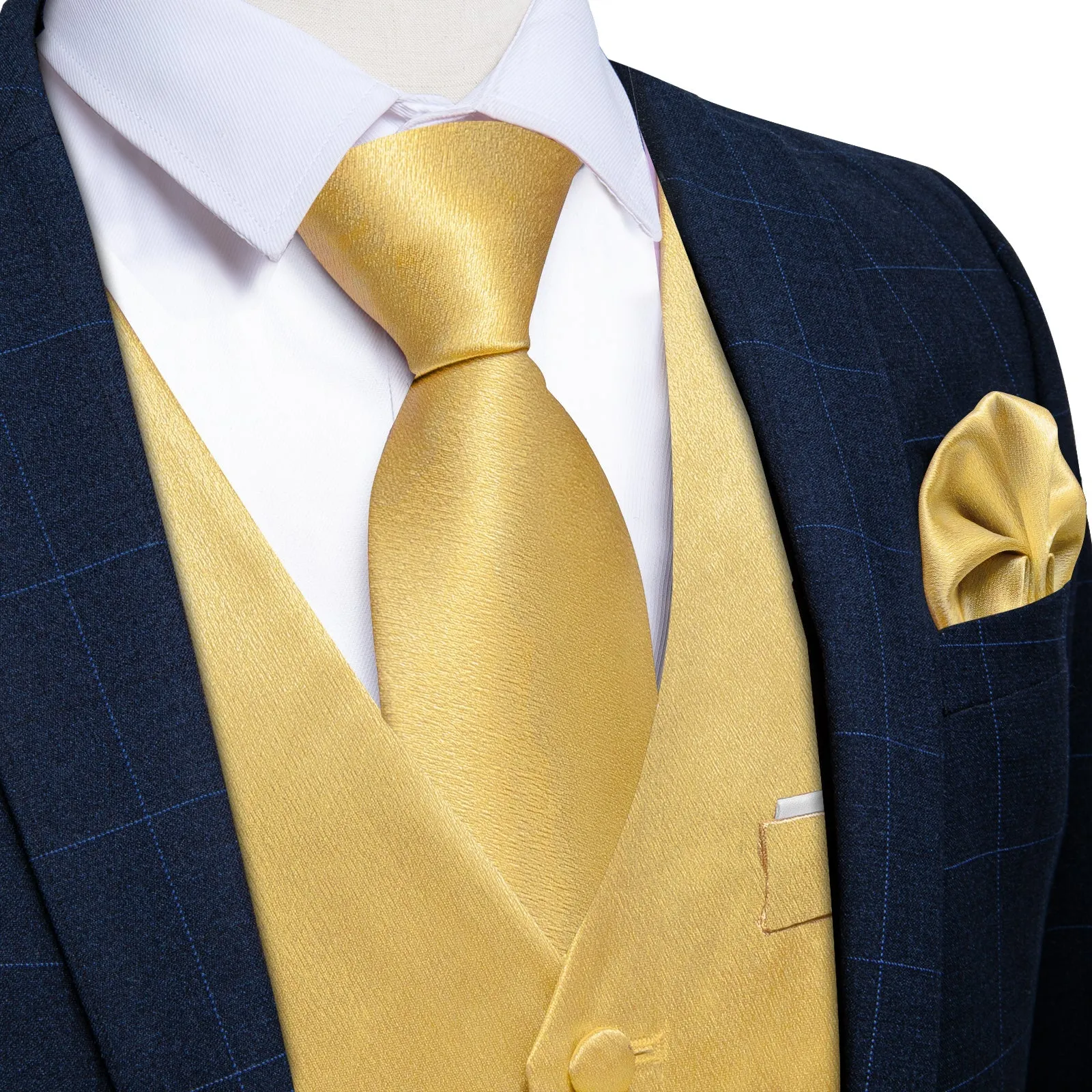 Light Yellow Solid Shining Silk Men Vest Necktie Bow Tie Handkerchief Cufflinks Set