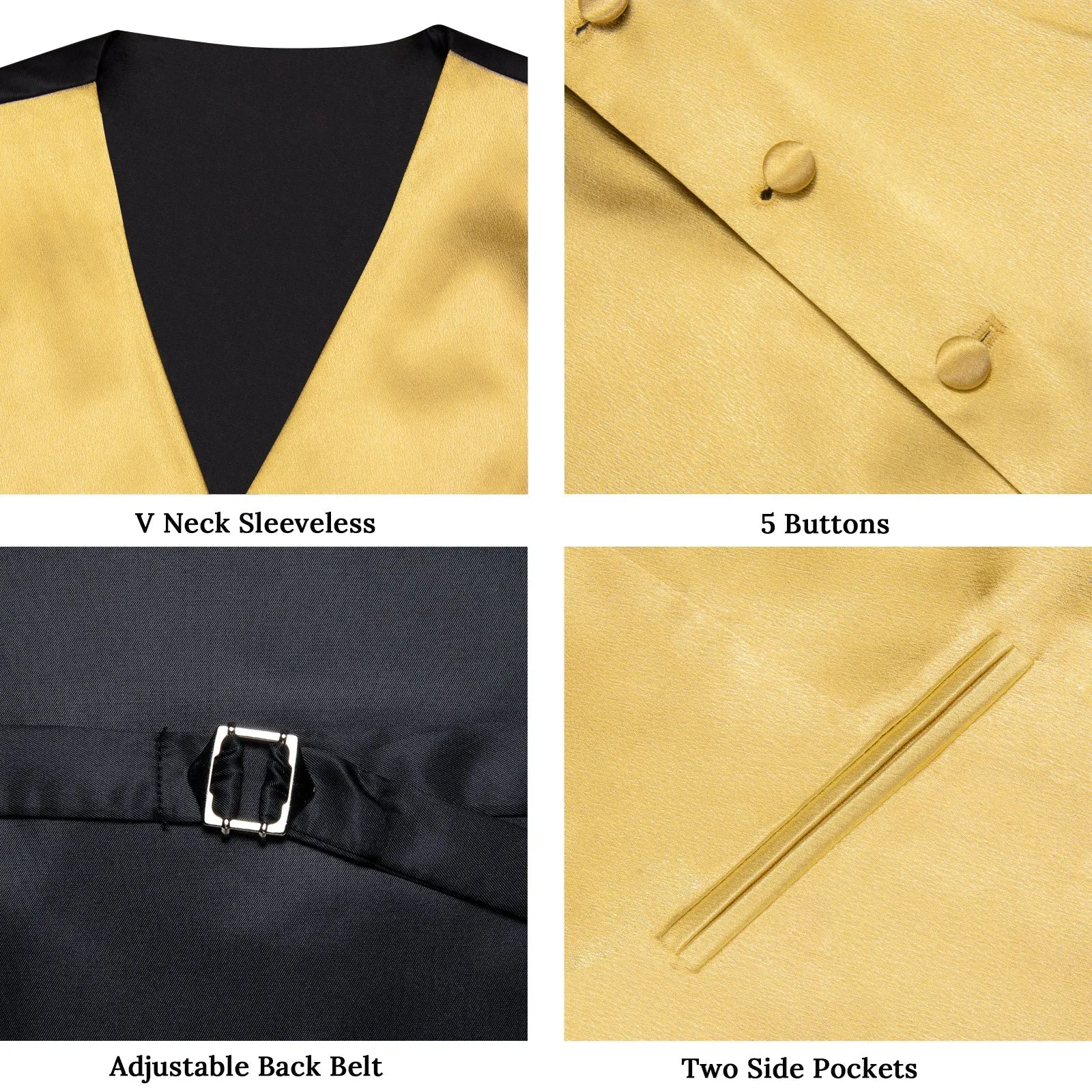 Light Yellow Solid Shining Silk Men Vest Necktie Bow Tie Handkerchief Cufflinks Set