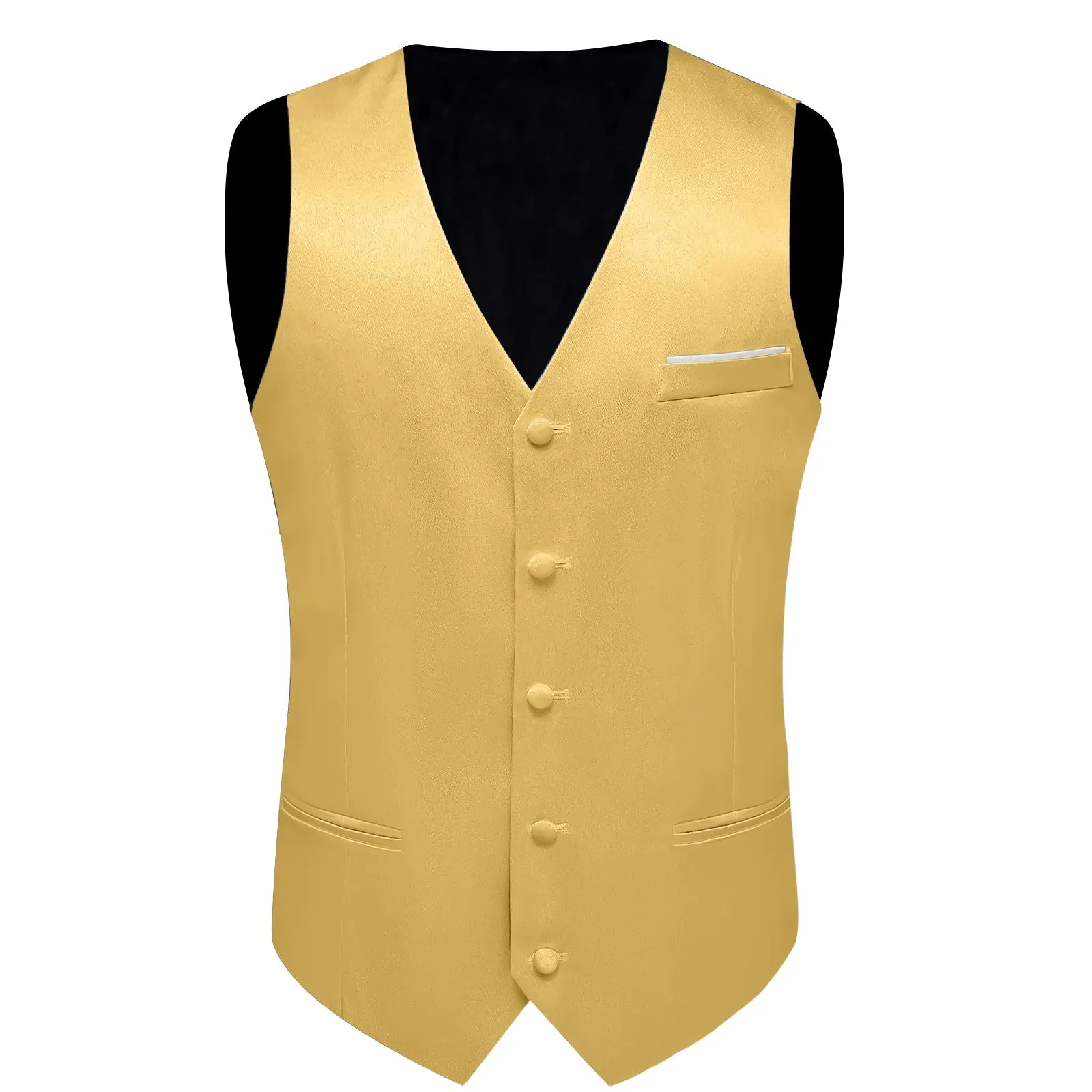Light Yellow Solid Shining Silk Men Vest Necktie Bow Tie Handkerchief Cufflinks Set