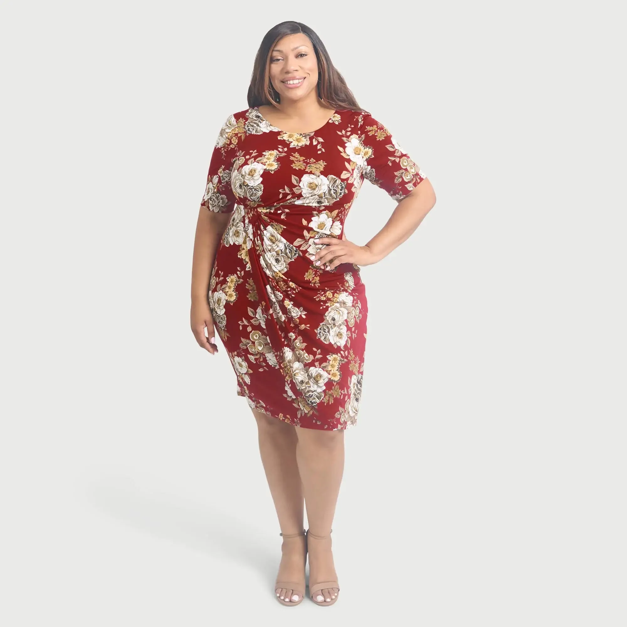 Lisa Crimson Floral Faux Wrap Dress