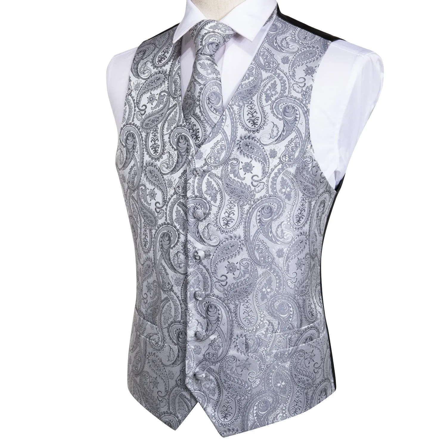 Luxury Silver Paisley Jacquard Silk Men's Vest Hanky Cufflinks Tie Set Waistcoat Suit Set