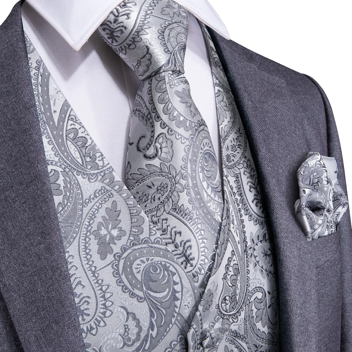 Luxury Silver Paisley Jacquard Silk Men's Vest Hanky Cufflinks Tie Set Waistcoat Suit Set